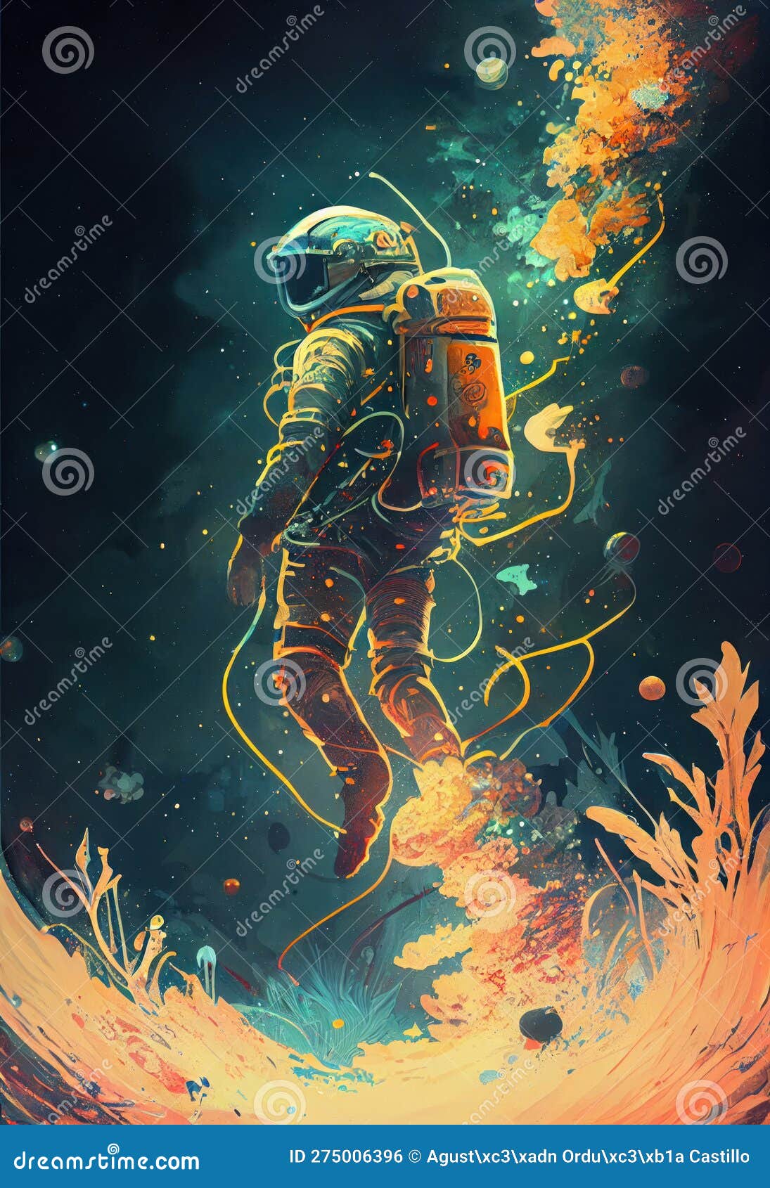 a poster of an astronaut floating in space.