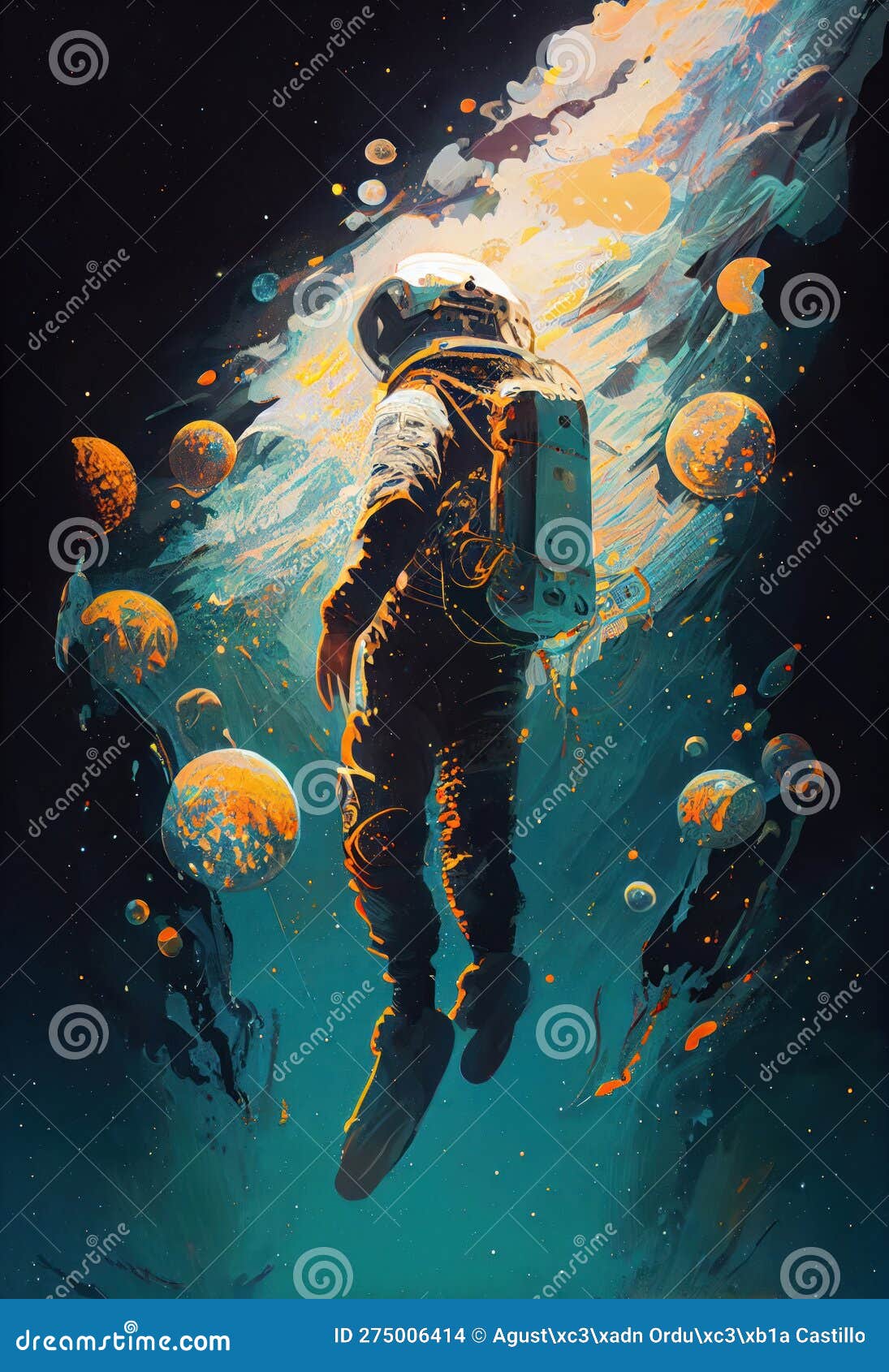 a poster of an astronaut floating in space.