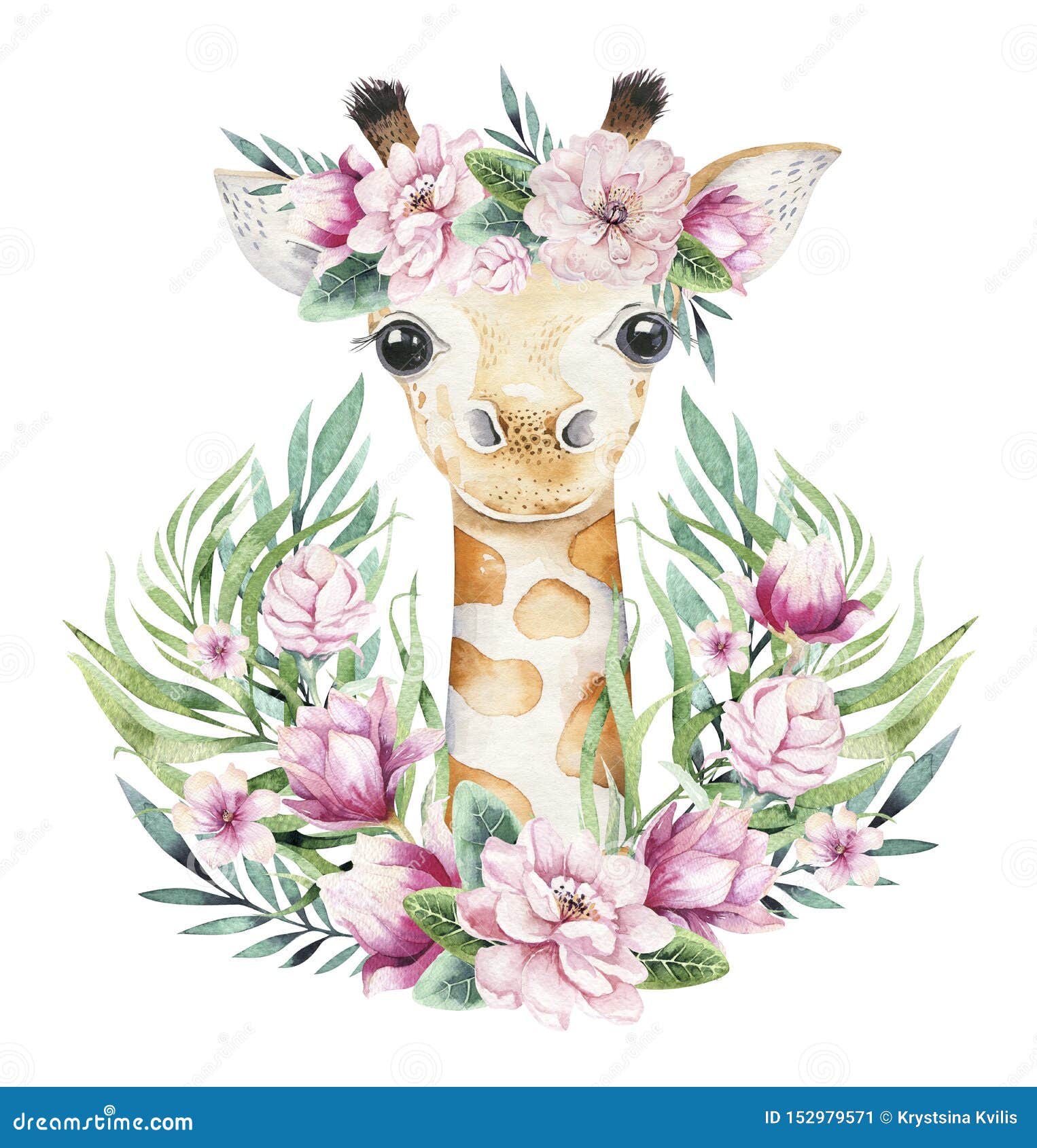 a poster with a baby giraffe. watercolor cartoon giraffetropical animal . jungle exotic summer print.