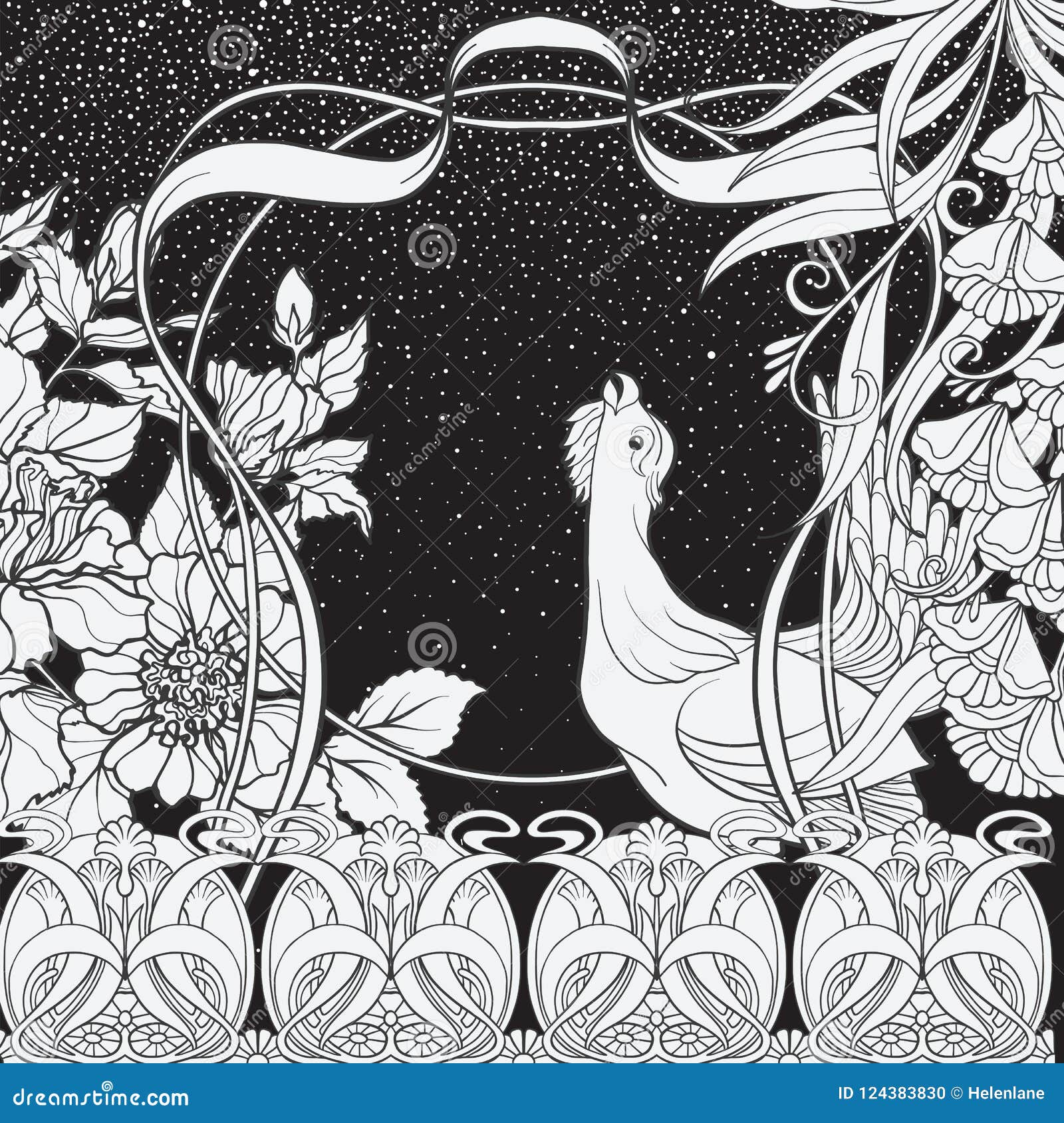 Poster Background With Decorative Flowers And Bird In Art Nouveau Style Black And White Graphics N Stock Vector Illustration Of Floral Ornamental