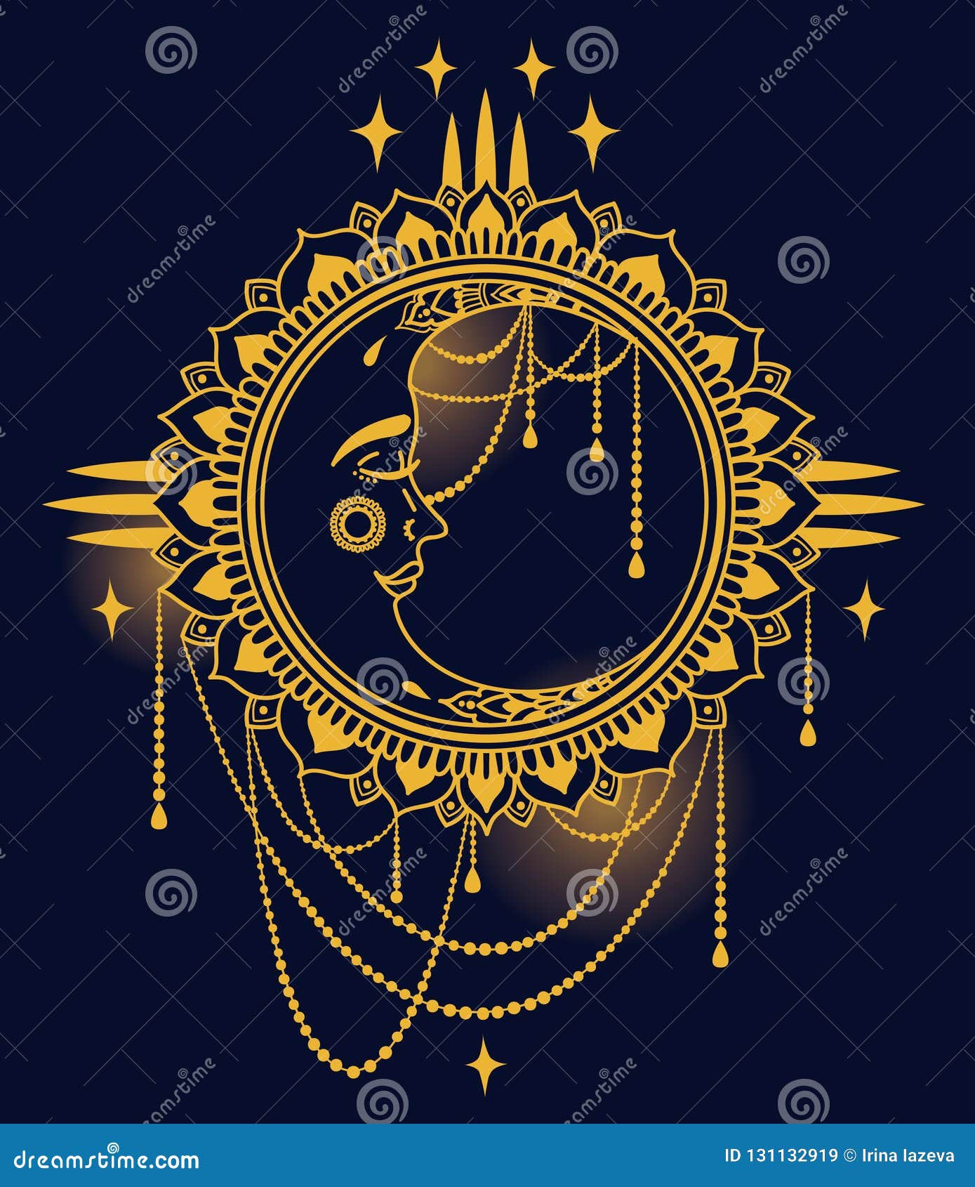 Poster With Boho Style Moon With Face And Jewels Stock Vector