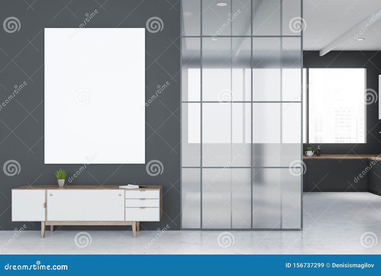 Poster And Cabinet In Gray Living Room And Kitchen Stock