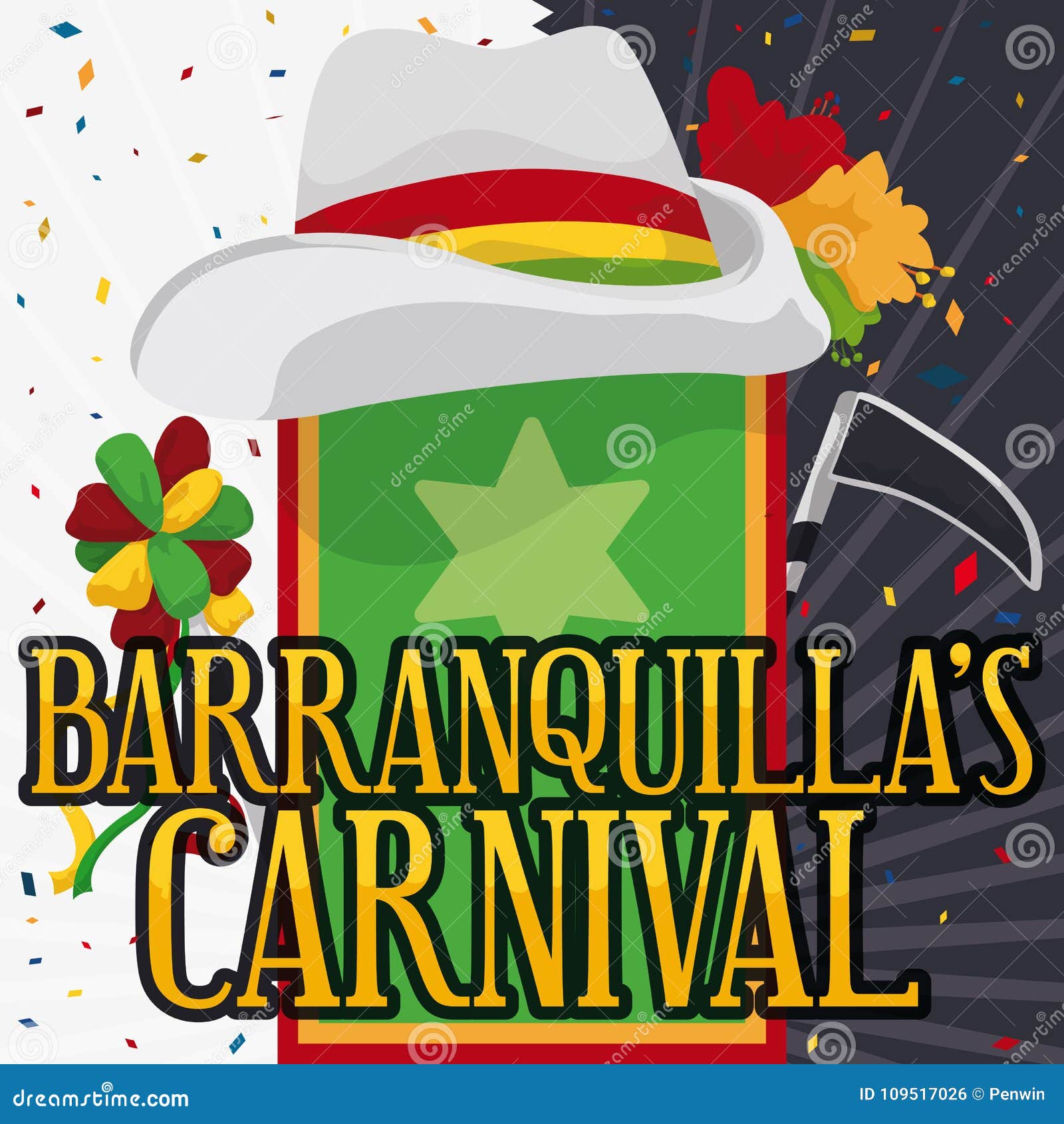 hat over flag for barranquilla`s carnival with scythe and wand,  