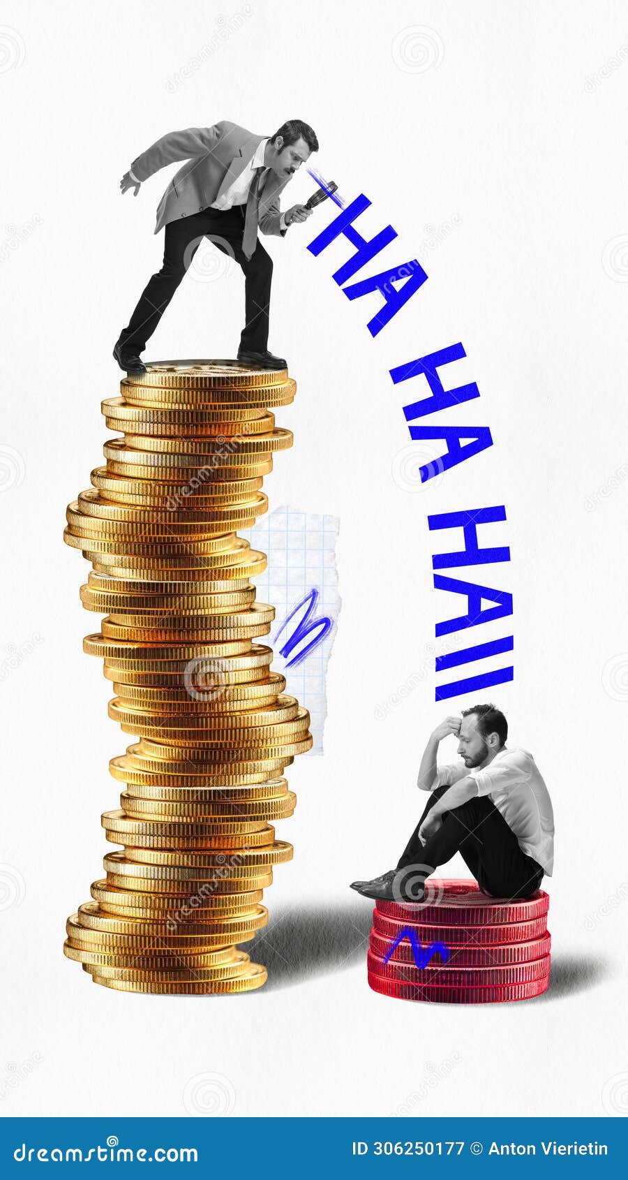 poster. contemporary art collage. successful and rich man stands on larger stack of coins and mocks man who sits on