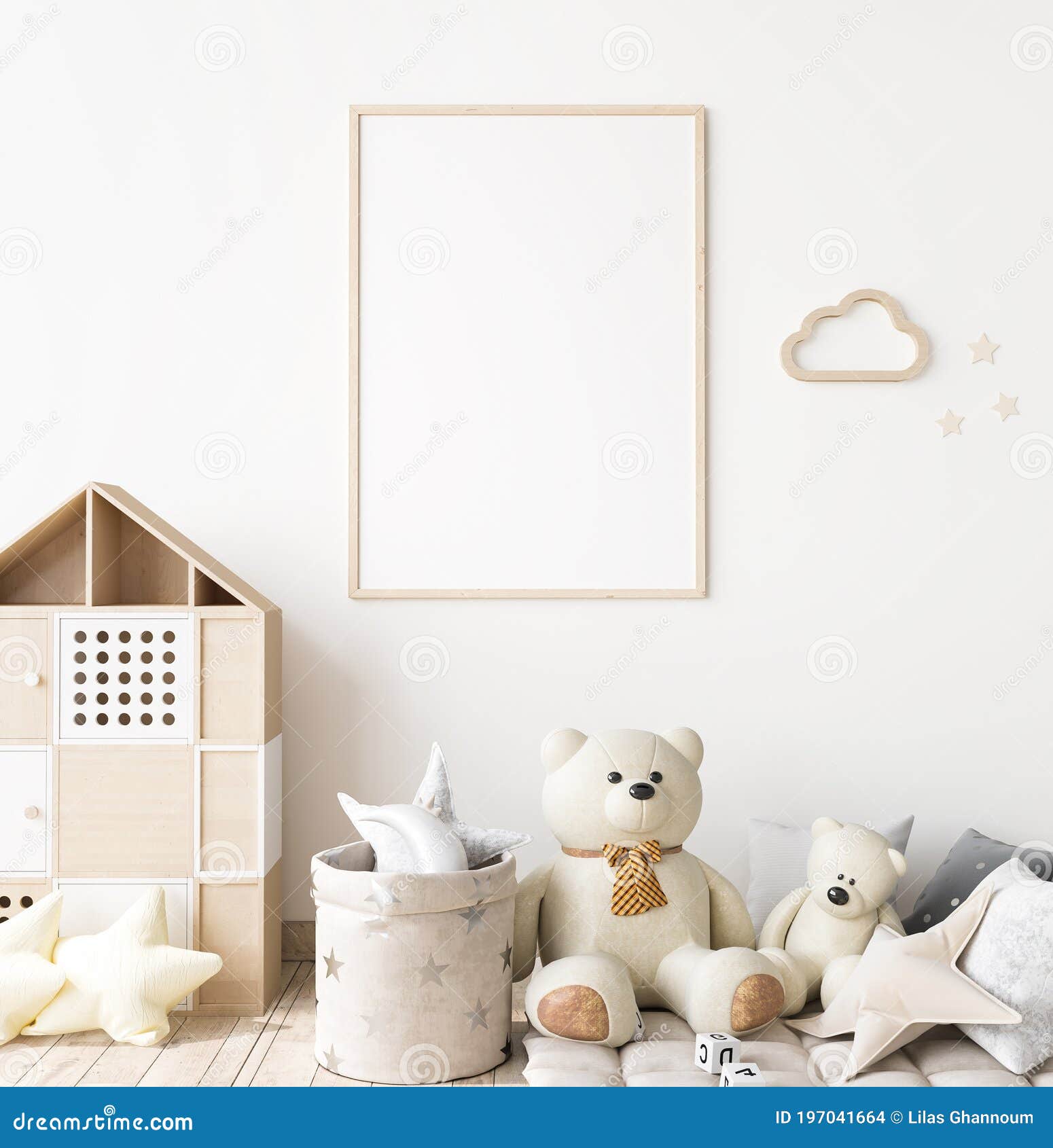 poster frame mock up in child bedroom, scandinavian unisex nursery 