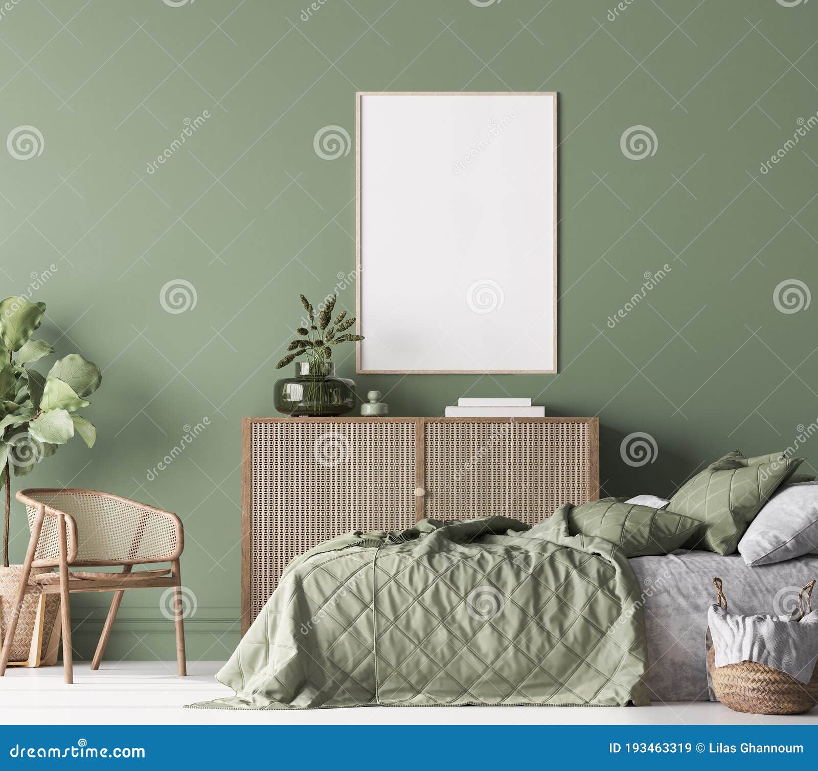 poster frame mockup in farmhouse bedroom, green room interior  with natural wooden furniture