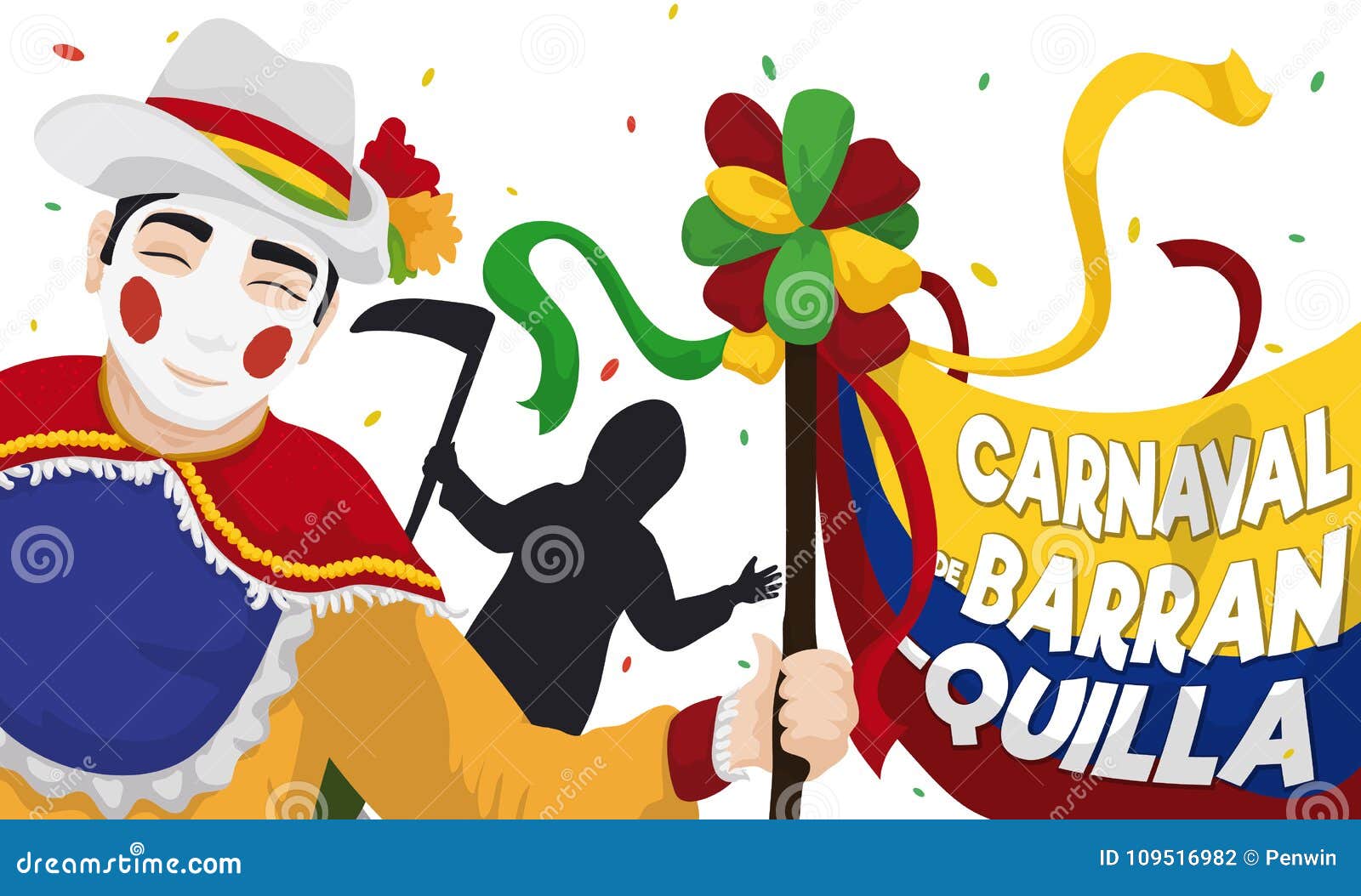 happy garabato character with death silhouette celebrating in barranquilla`s carnival,  