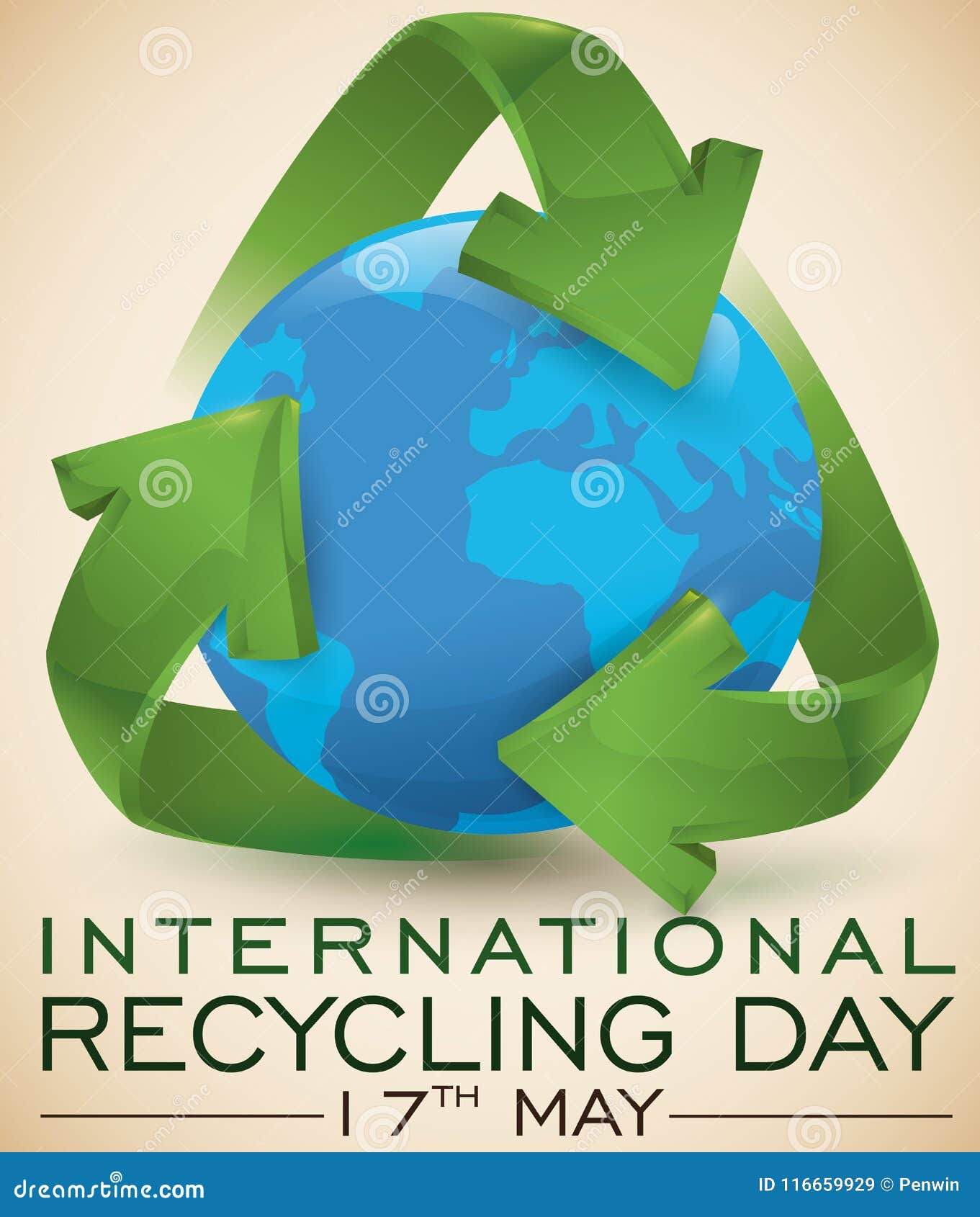 Globe with Green Glossy Recycling Arrows for International Recycling