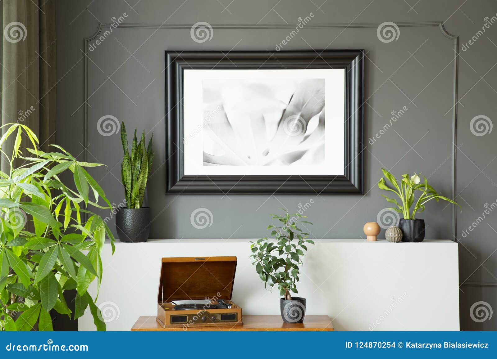 Poster On Grey Wall Above Record Player And Plants In Retro Living