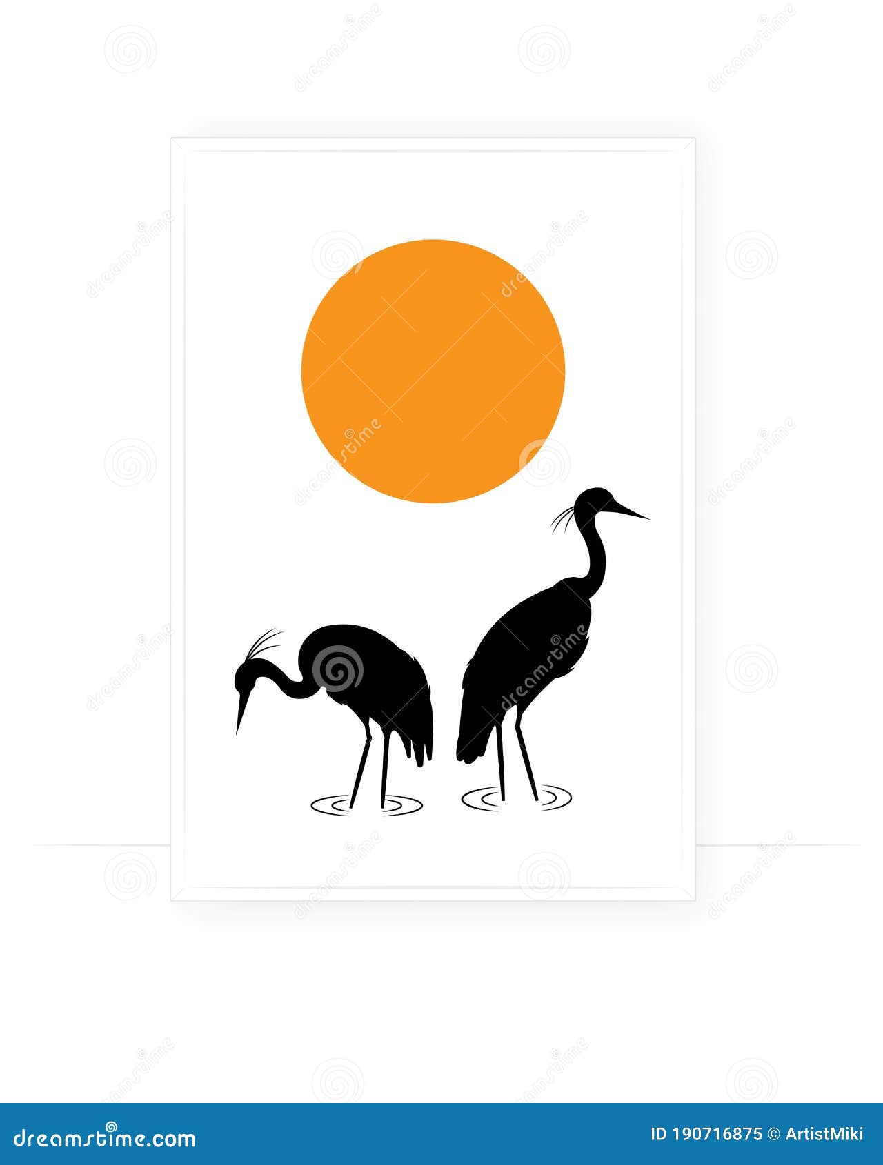 Heron Birds Silhouettes on Sunset, Vector Illustration. Scandinavian
