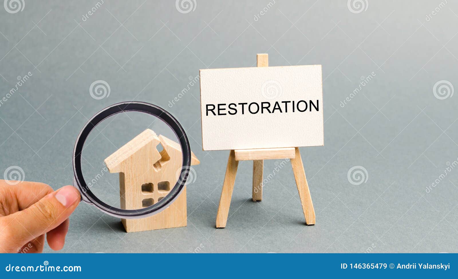 a poster with the inscription restoration and a broken wooden house. repair secondary housing. the process of improvement,