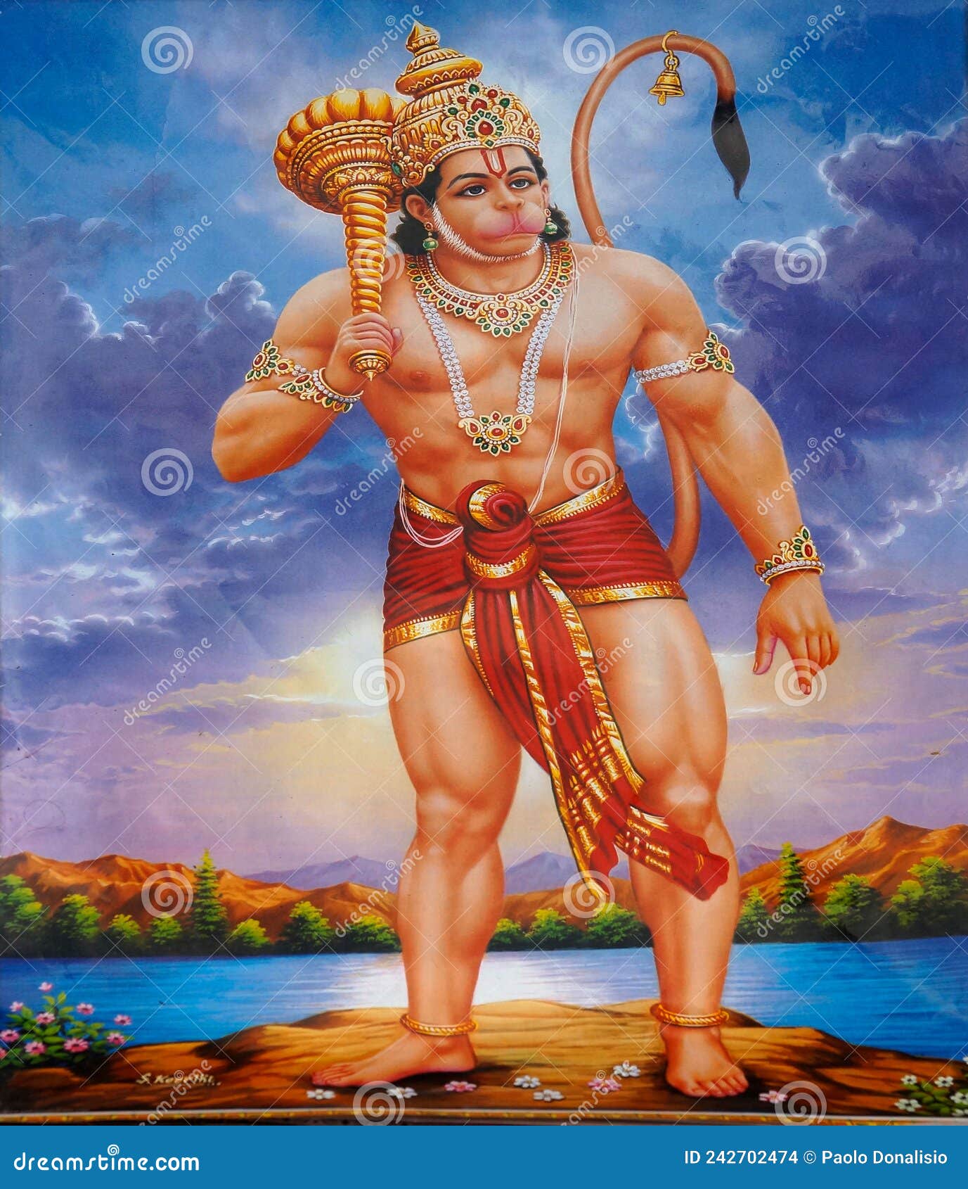 poster of lord hanuman the monkey god for sale at kumbh mela in nashik, maharashtra, india