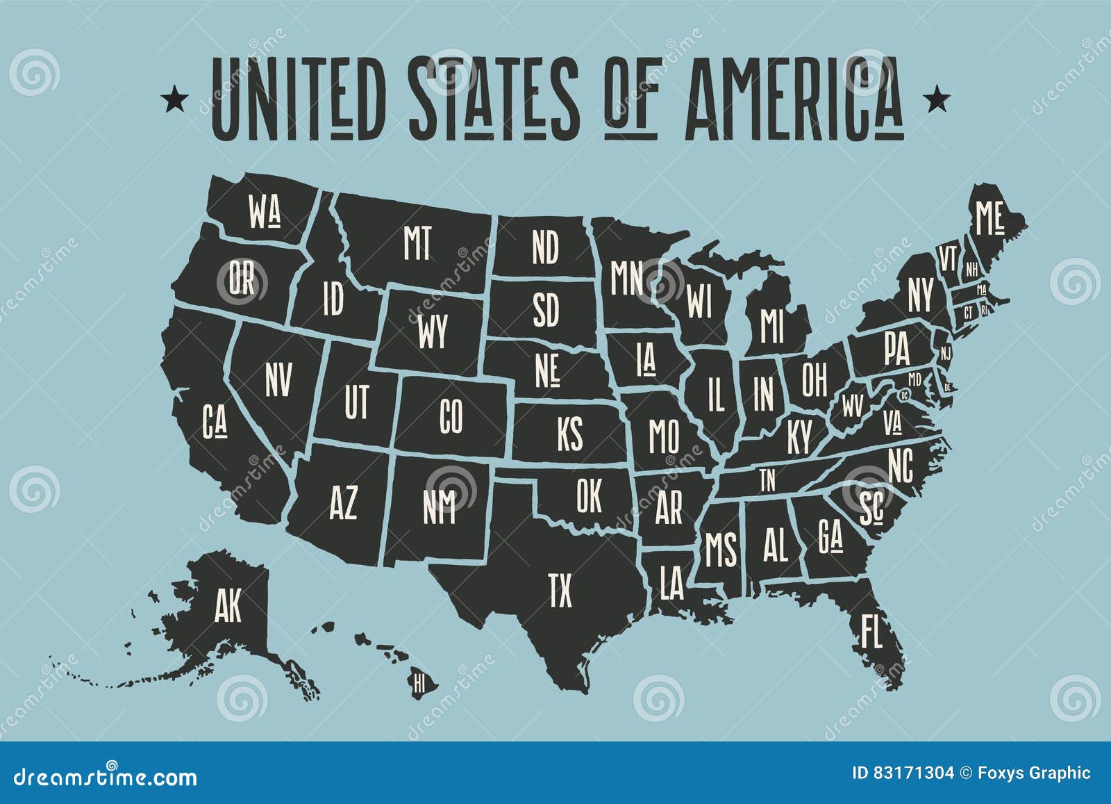 poster map united states of america with state names