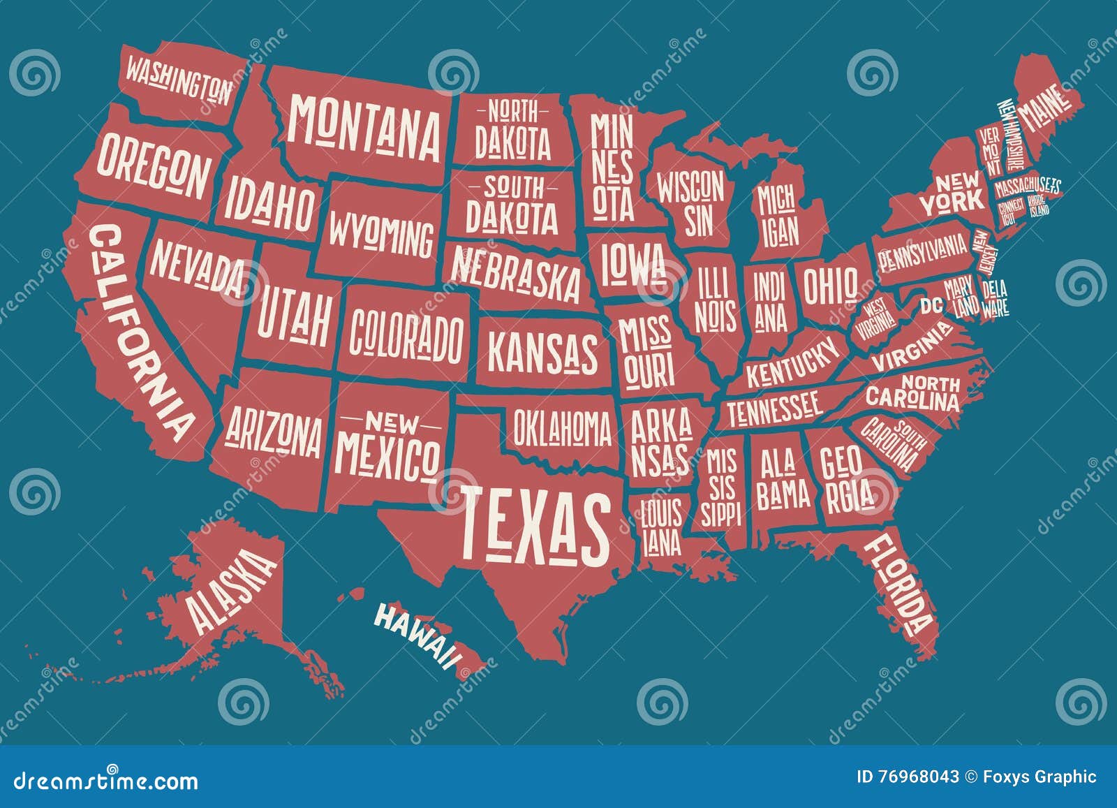 poster map united states of america with state names