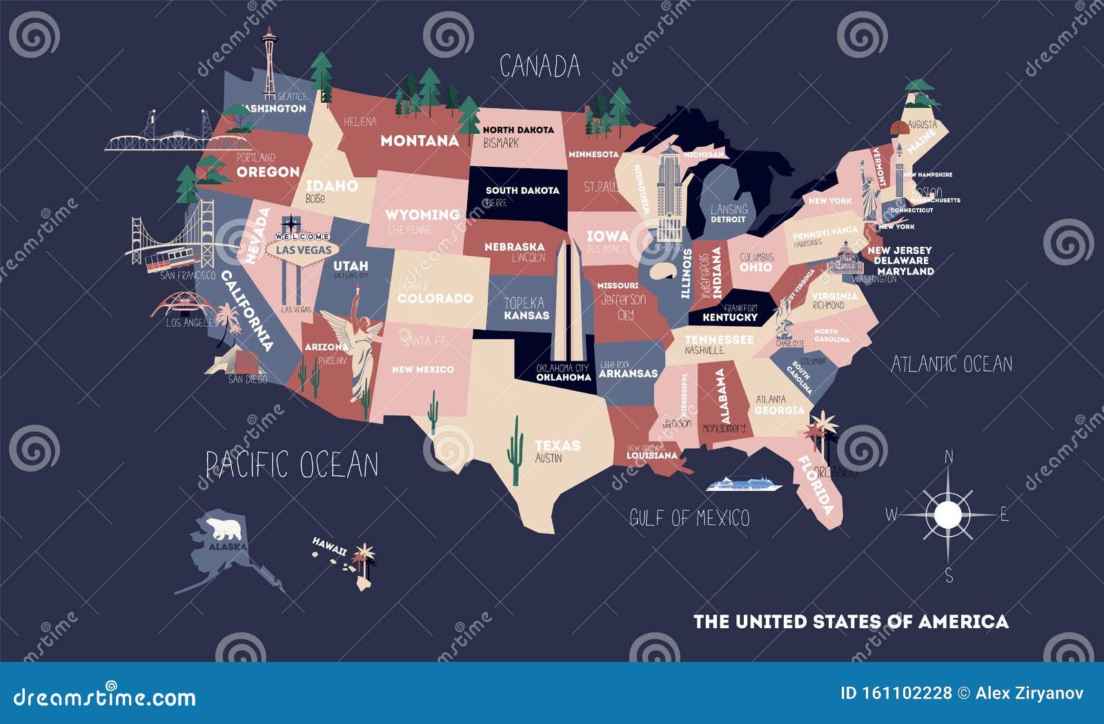 Poster Map Of United States Of America With State Names Usa Cartoon