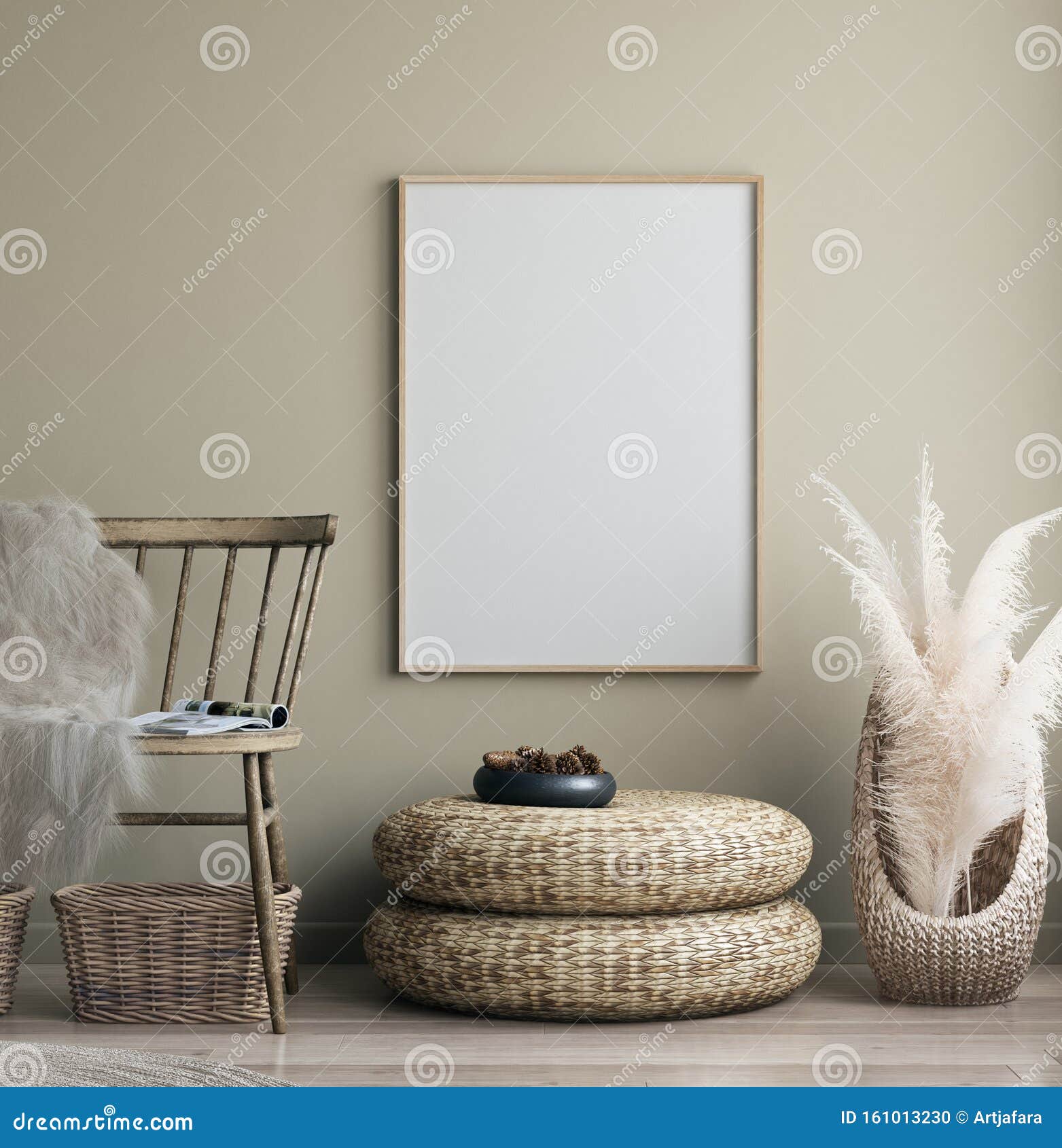 poster mock up in home interior with old bench, scandinavian bohemian style
