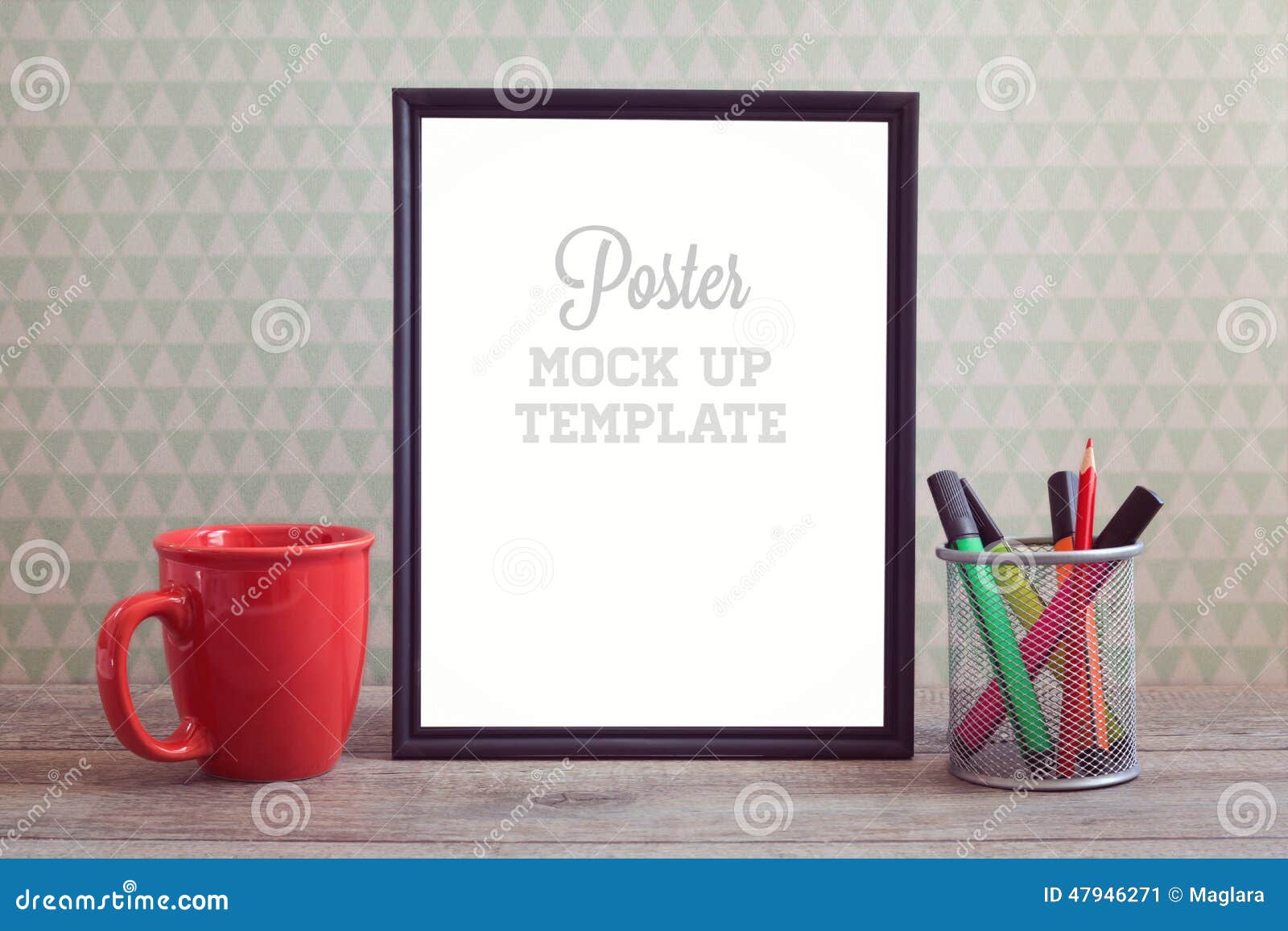Poster Mock Up Template With Coffee Cup On Wooden Table 