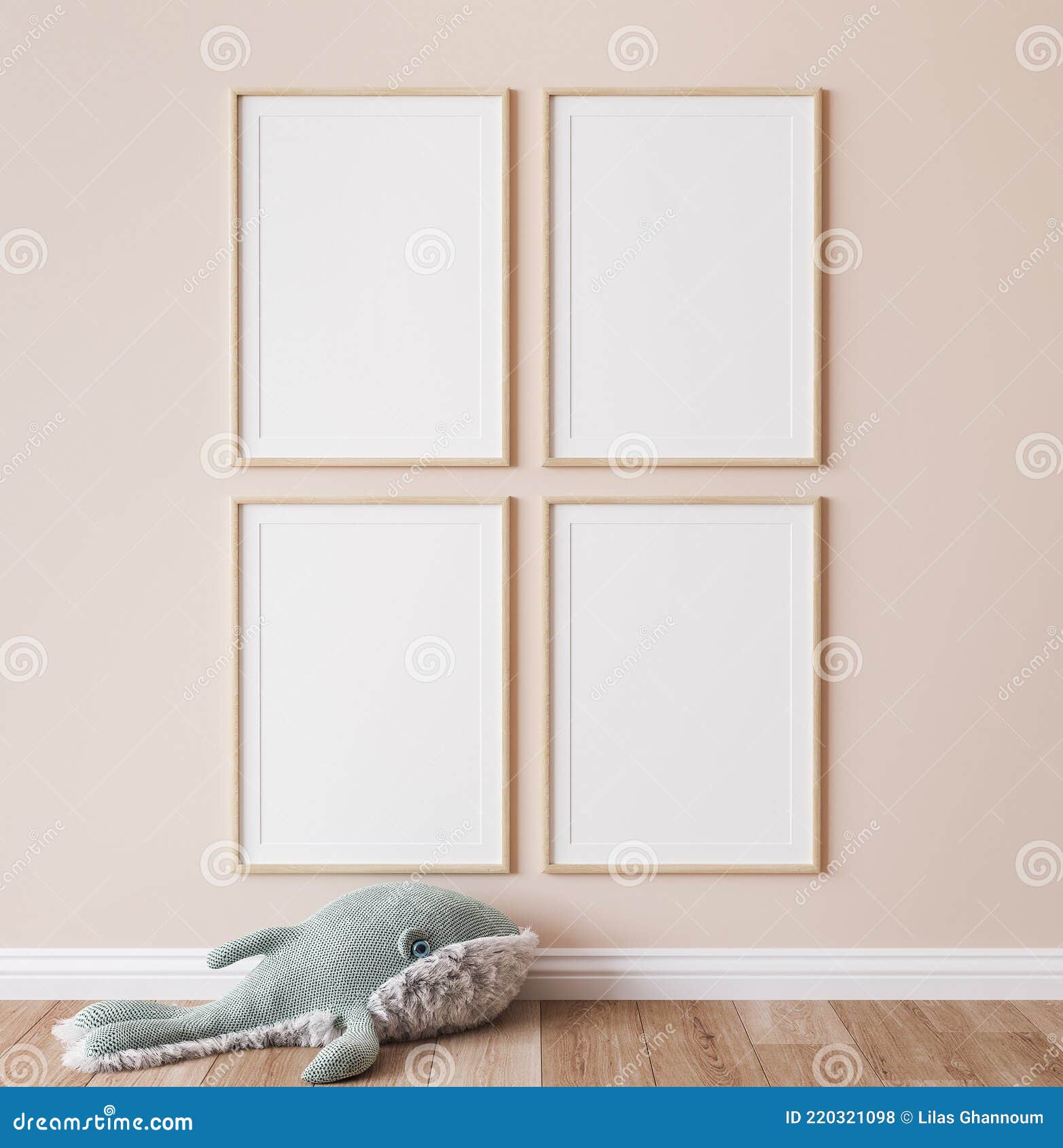 poster mockup in minimal nursery , wooden frames on beige interior background