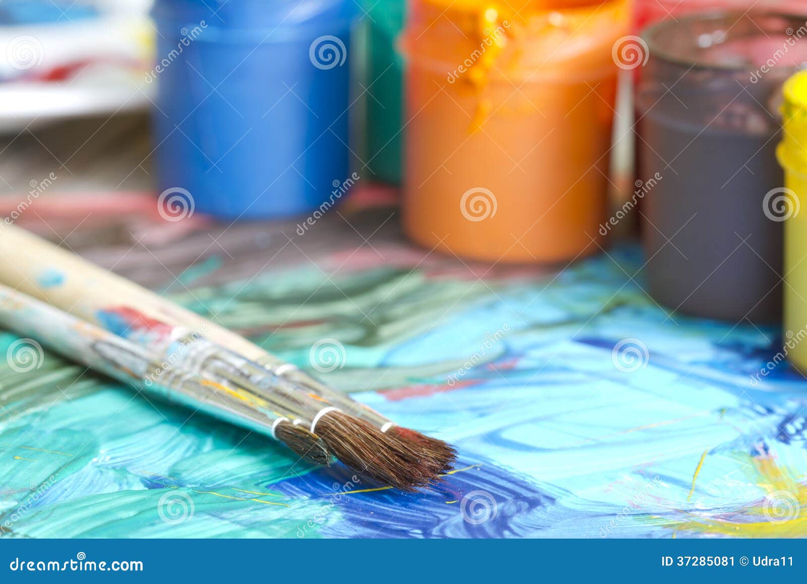 Poster Paints Watercolor with Brushes Abstract Concept Stock Image