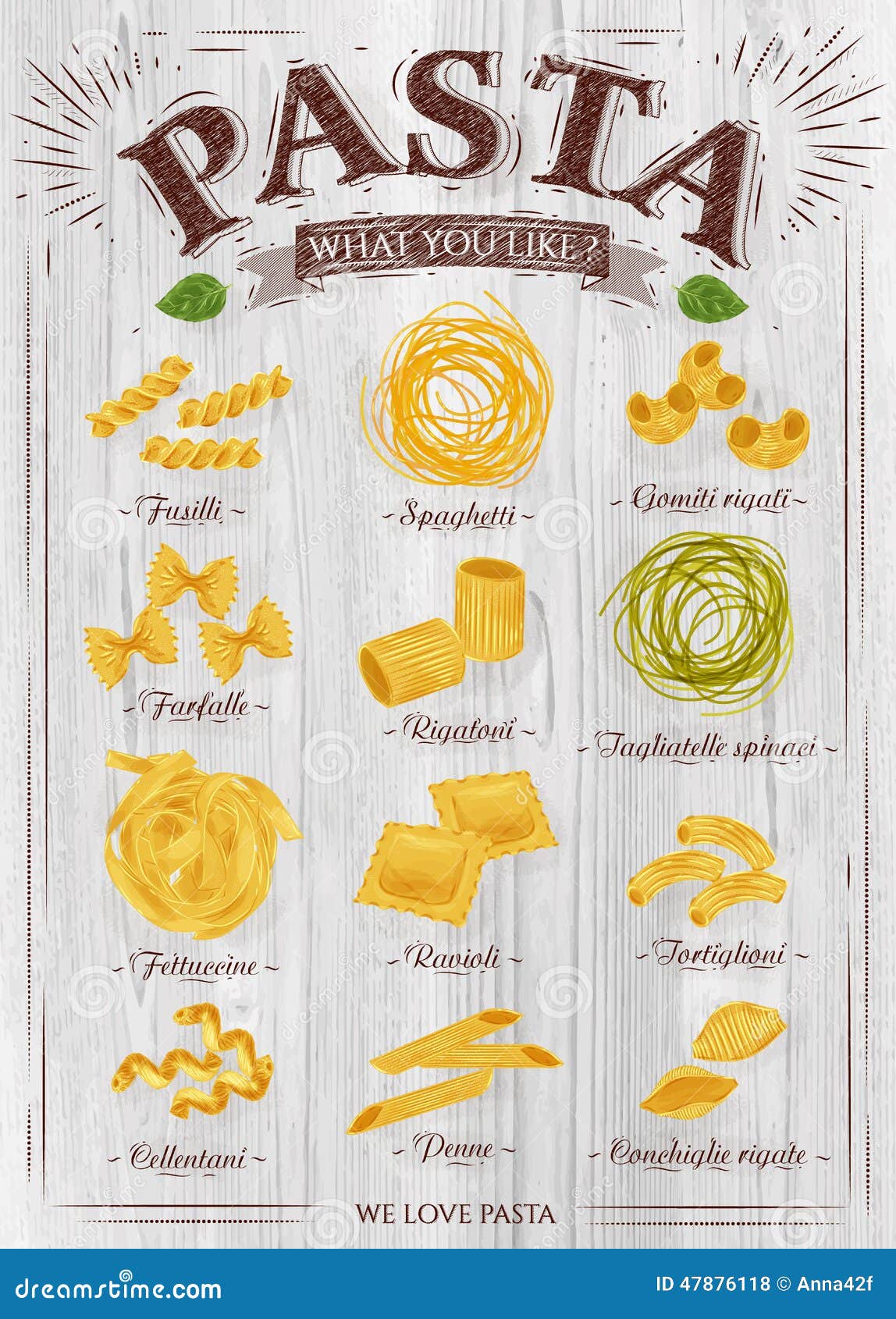 Poster set of pasta with different types of pasta: fusilli, spaghetti 