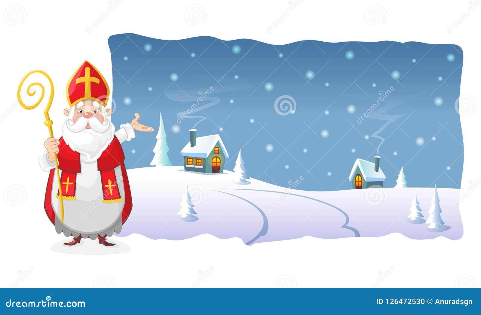 poster - saint nicholas show winter night at village in polylined 
