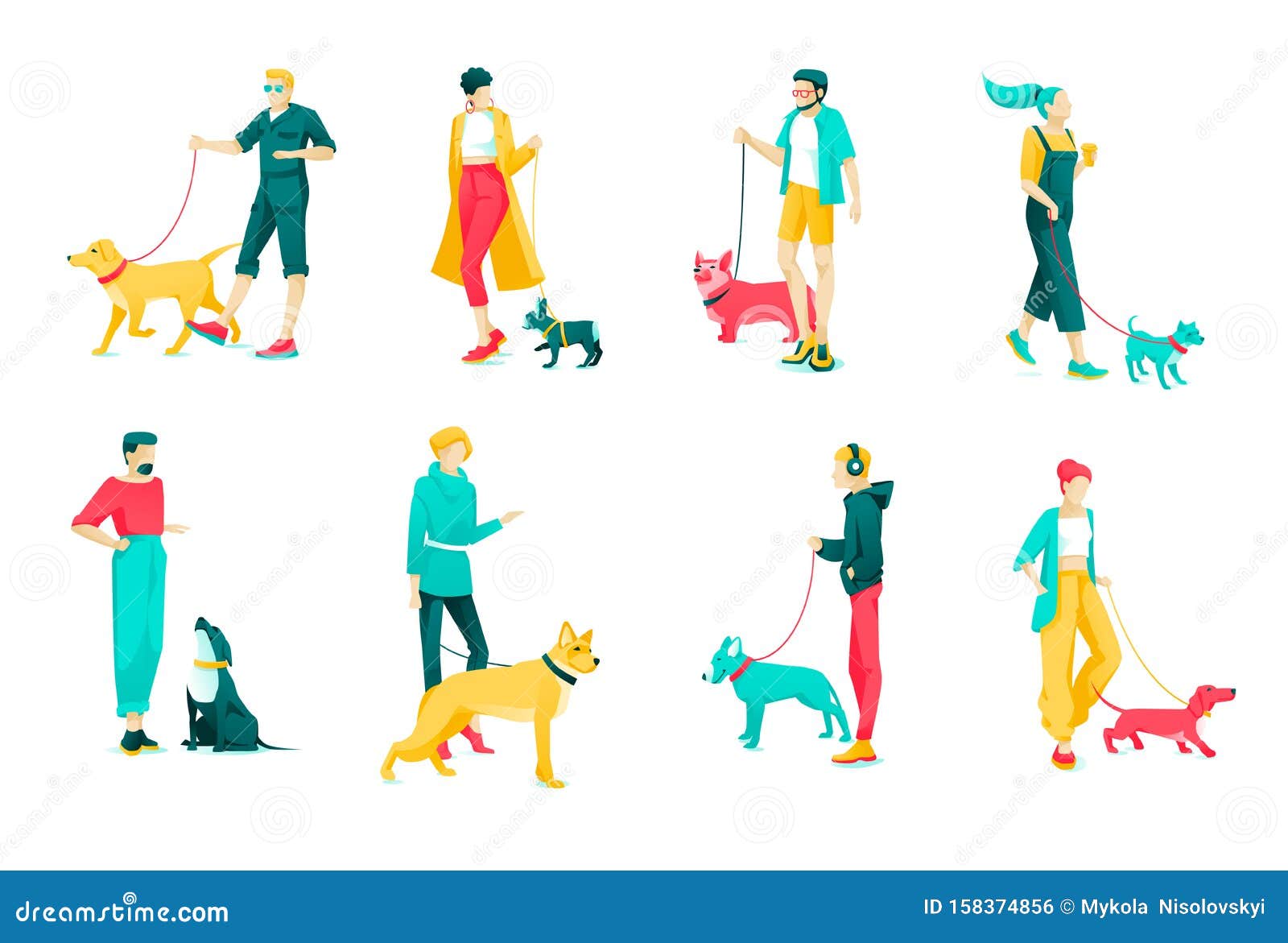 Poster Set Character Dog Owners, Cartoon Flat. Stock Vector ...