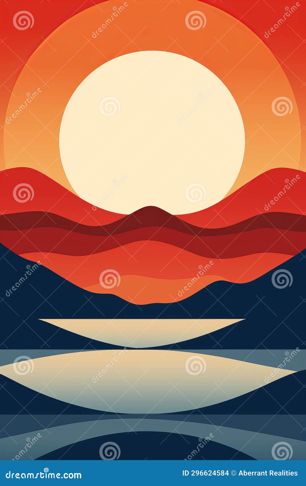 A Poster of the Sun Rising Over a Lake and Mountains Stock Illustration