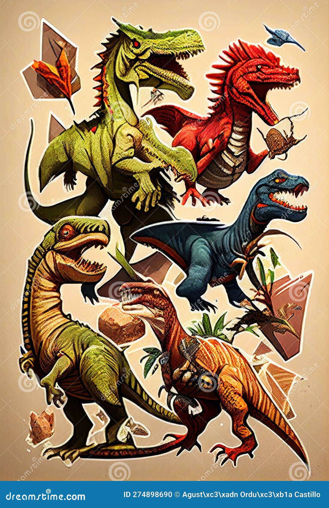 Poster with Various Types of Dinosaurs in One Set. Stock Illustration