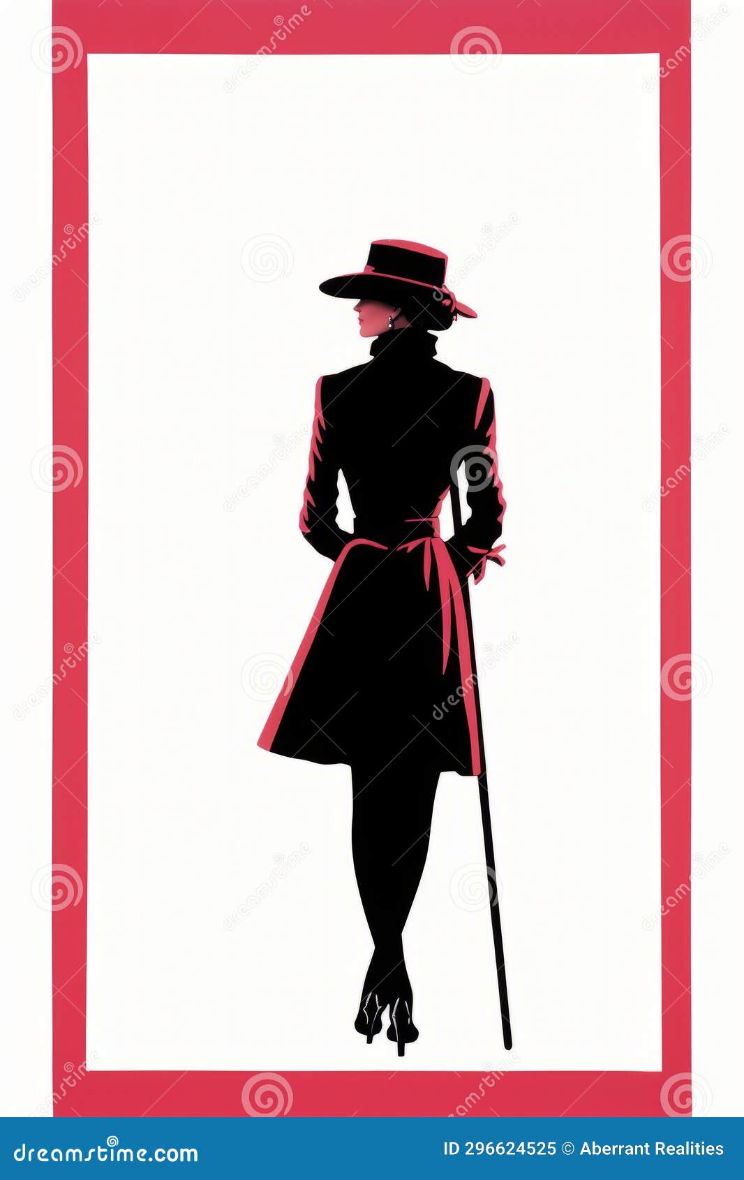 A Poster of a Woman in a Hat and Coat with a Cane Stock Illustration