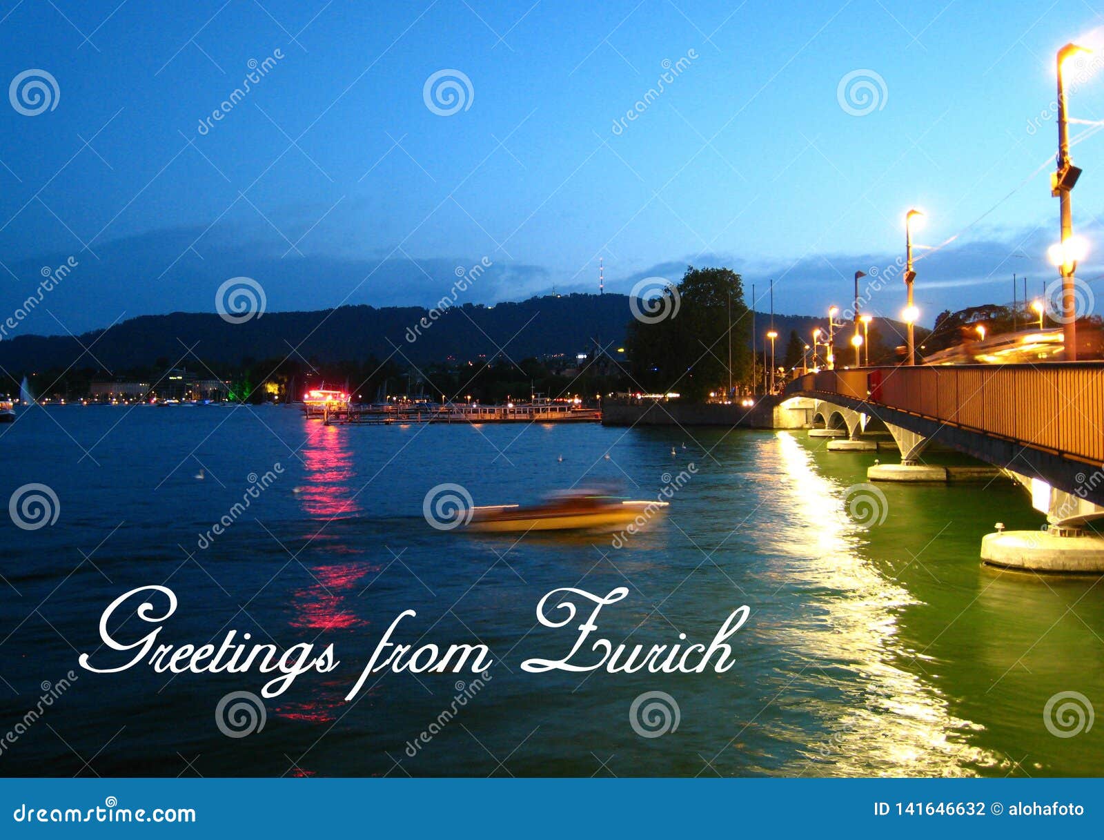 Postkarte Mit Einer Schonen Nachtansicht In Sommerwetter Mit Einem Schnellboot Auf See Zurich Stockfoto Bild Von Postkarte Zurich 141646632