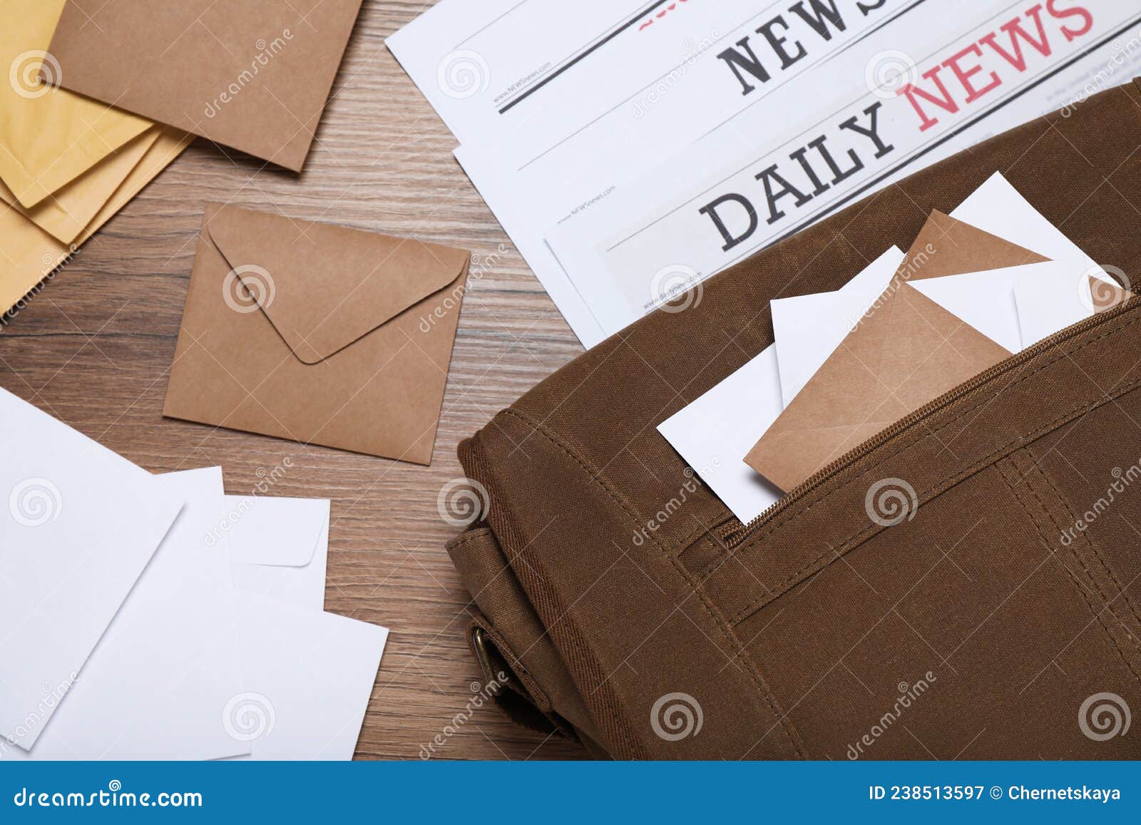 Postman Bag, Newspapers and Mails on Wooden Table, Flat Lay Stock Image
