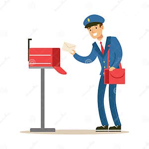 Postman In Blue Uniform Delivering Mail Putting Letters In Mailbox 