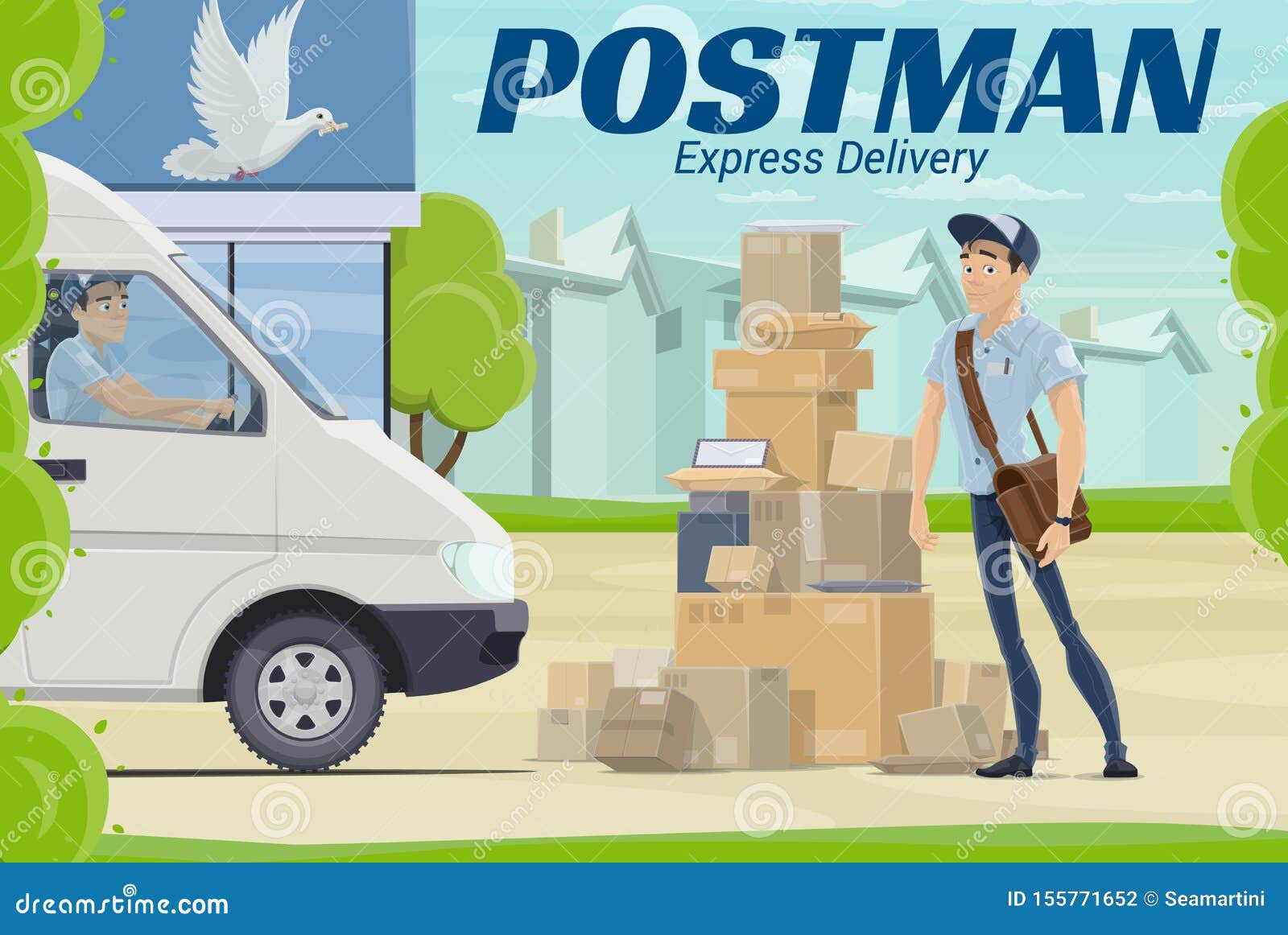 Postman and Parcel Near Post Office. Mail Delivery Stock Vector