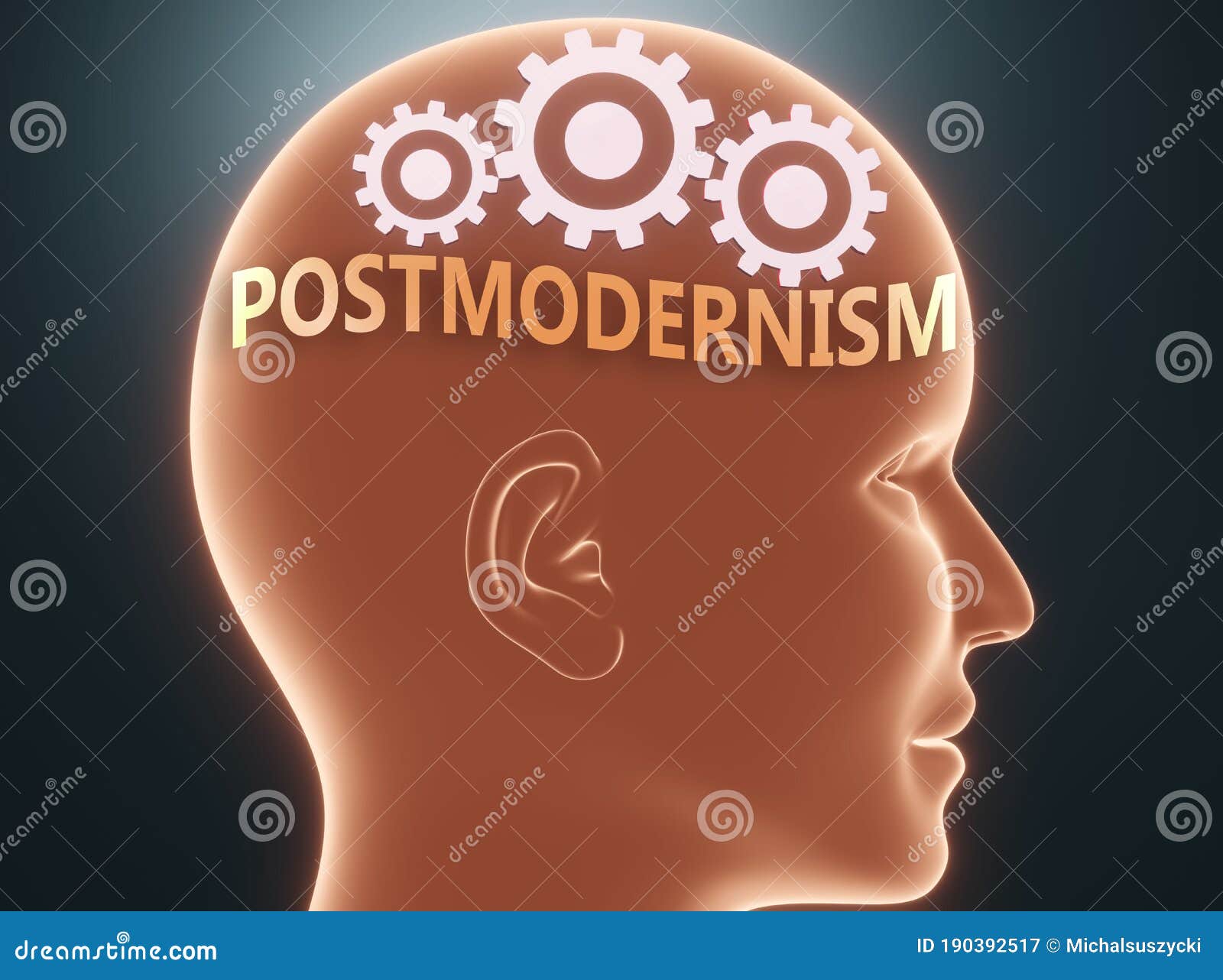 postmodernism inside human mind - pictured as word postmodernism inside a head with cogwheels to ize that postmodernism is