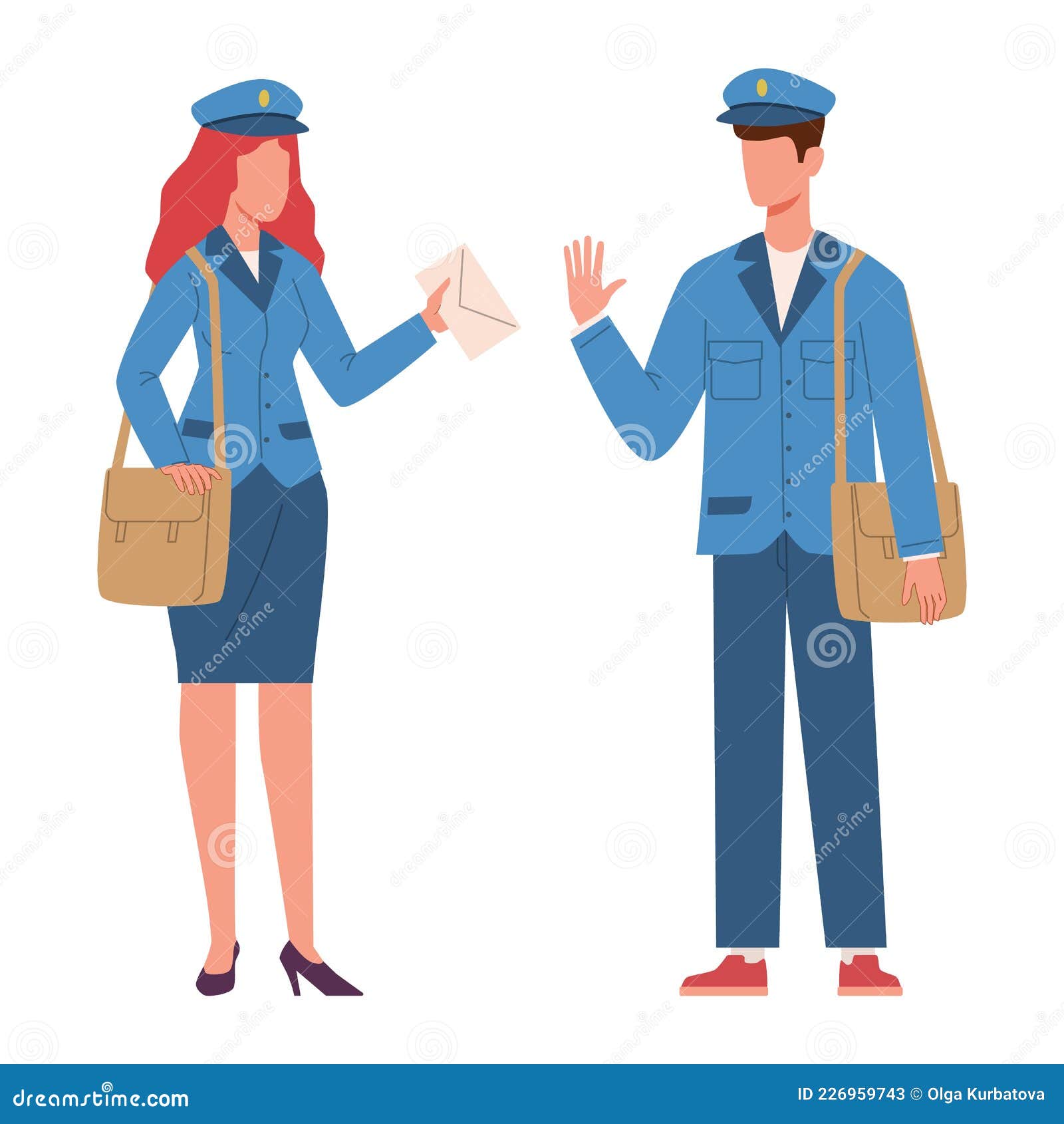 Postpersonages. Vrouw En Man in Postblauw Uniform Met Tas En