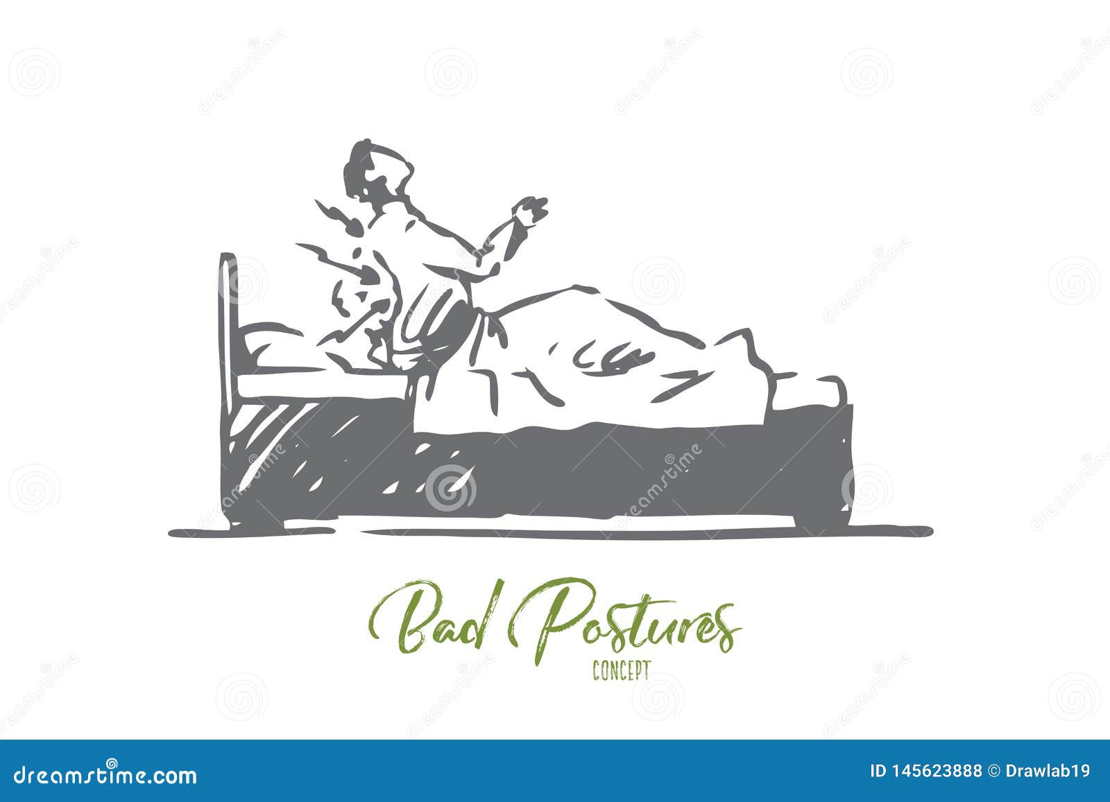posture, bad, spine, bed, health concept. hand drawn  .