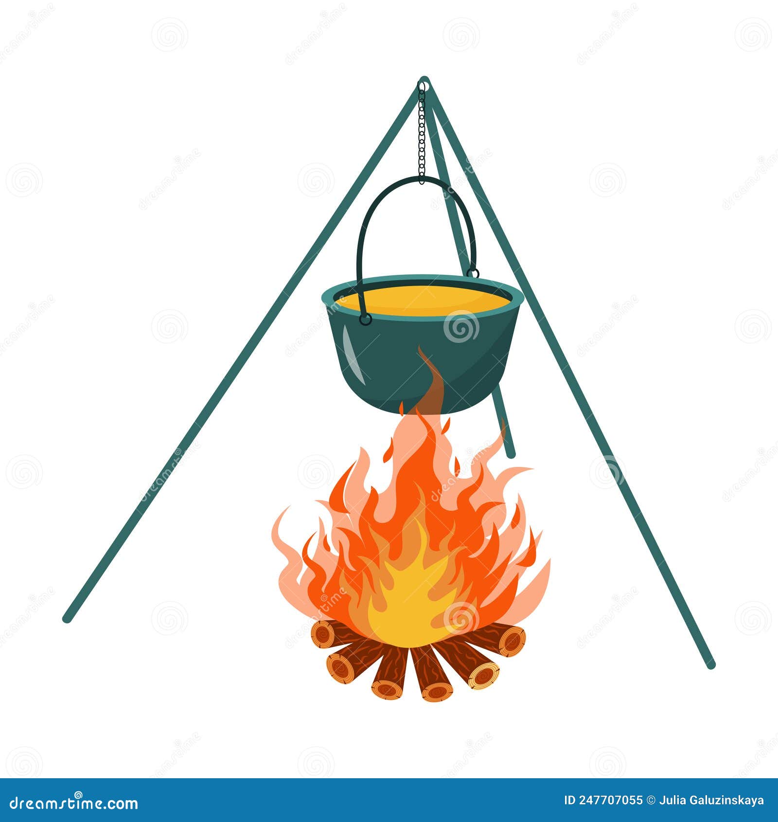 Pot on Campfire. Cooking in a Cauldron on Flame. Hiking Food Stock