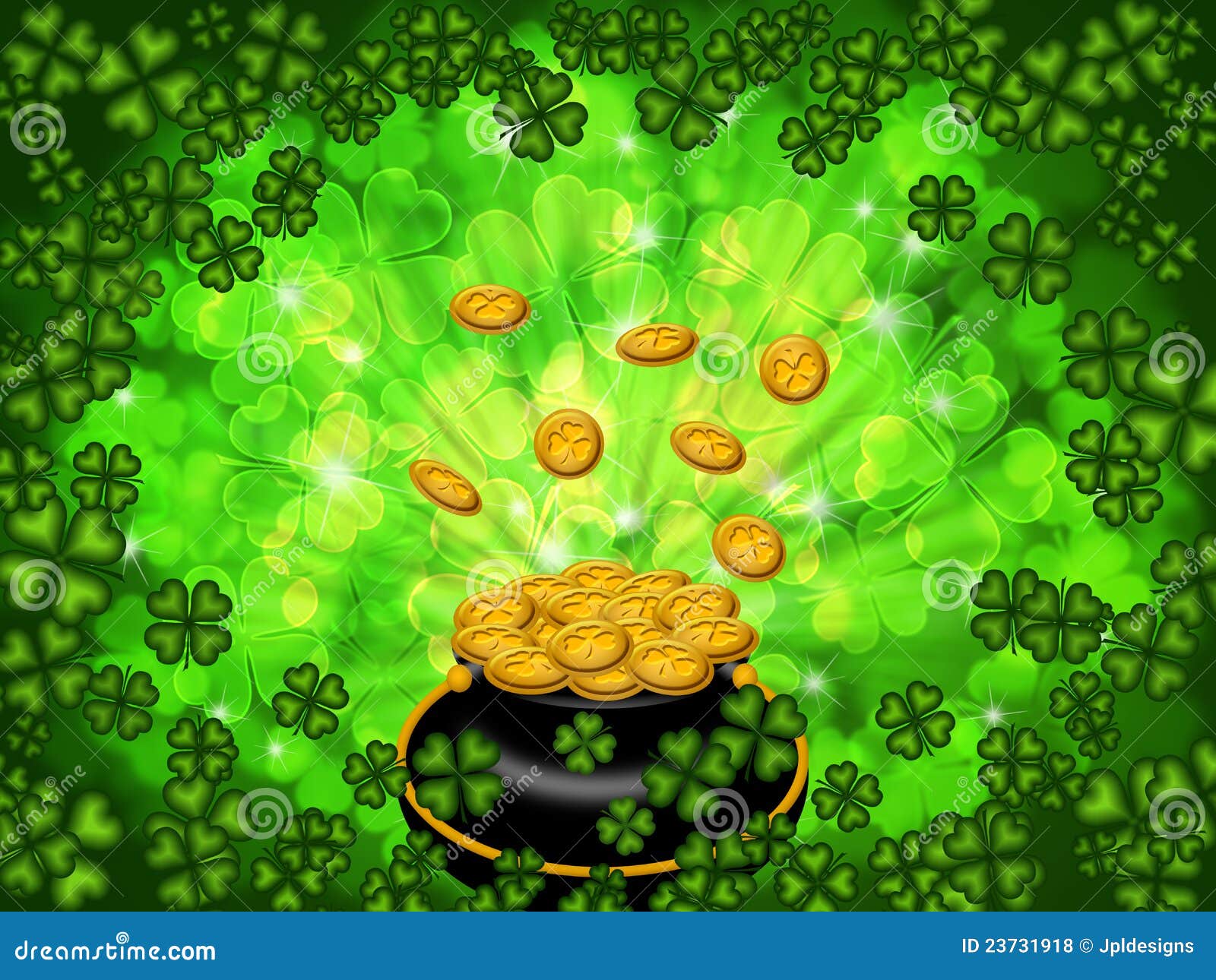 Pot Of Gold On Four Leaf Clover Background Stock Illustration - Image