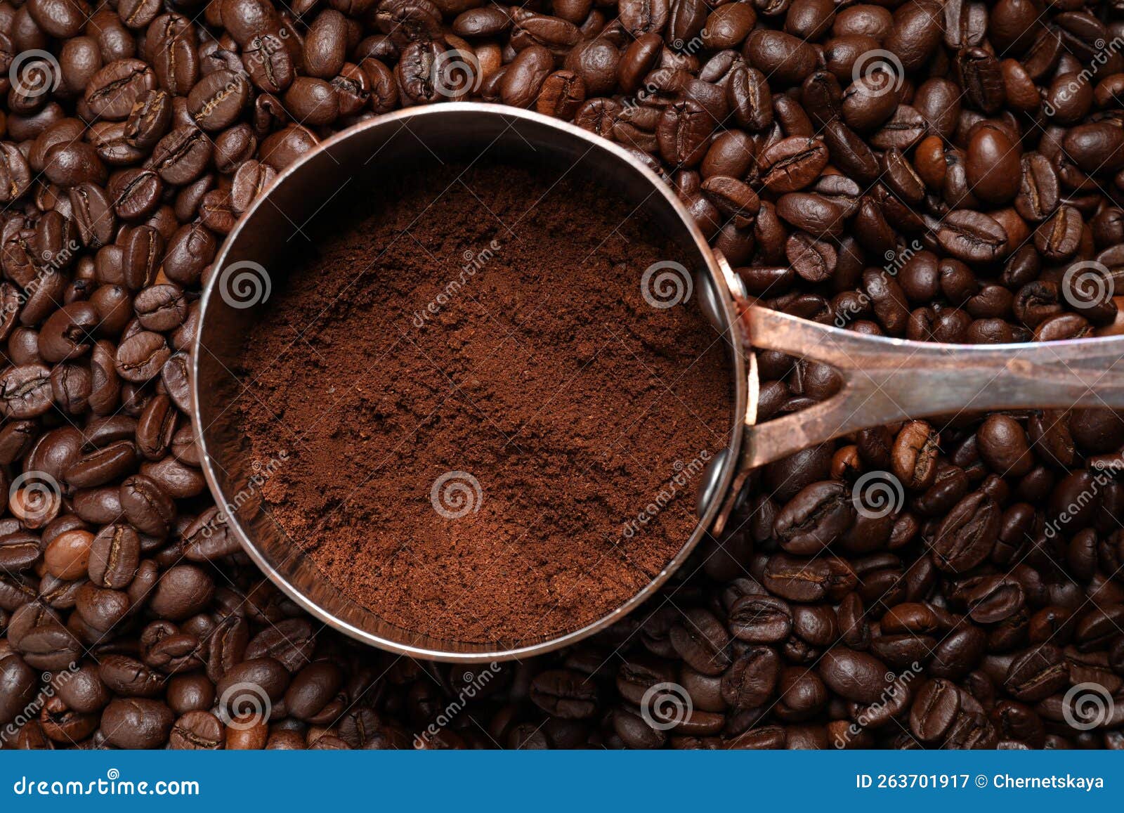 Pot with Ground Coffee on Roasted Beans, Top View Stock Image Image