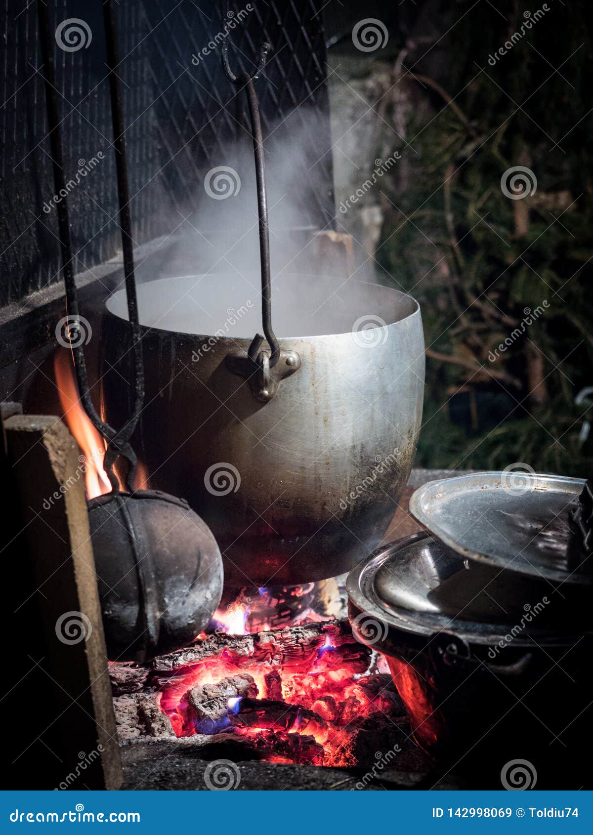 Pot Hanging from the Fireplace Above the Wood Fire Stock Image Image