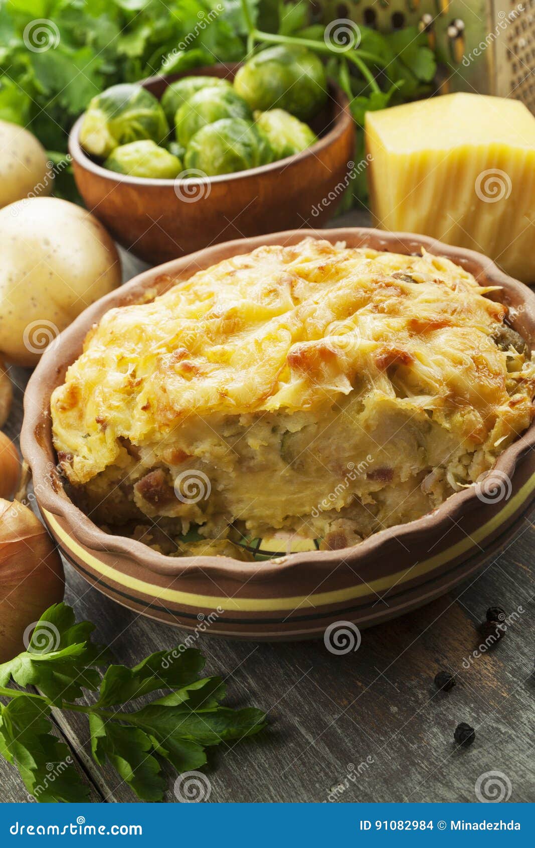 Potato Casserole with Brussel Sprouts Stock Photo Image of rustic