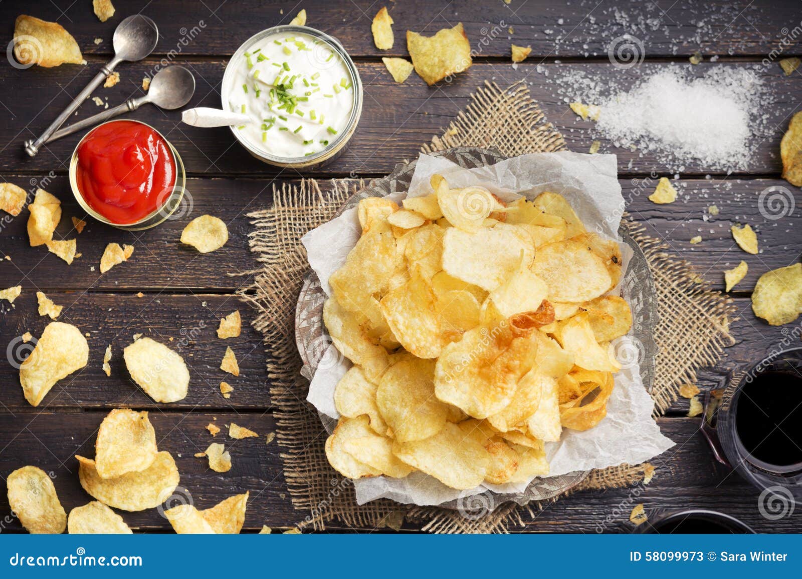 Potato Chips with Dipping Sauces on a Rustic Table Stock Image Image