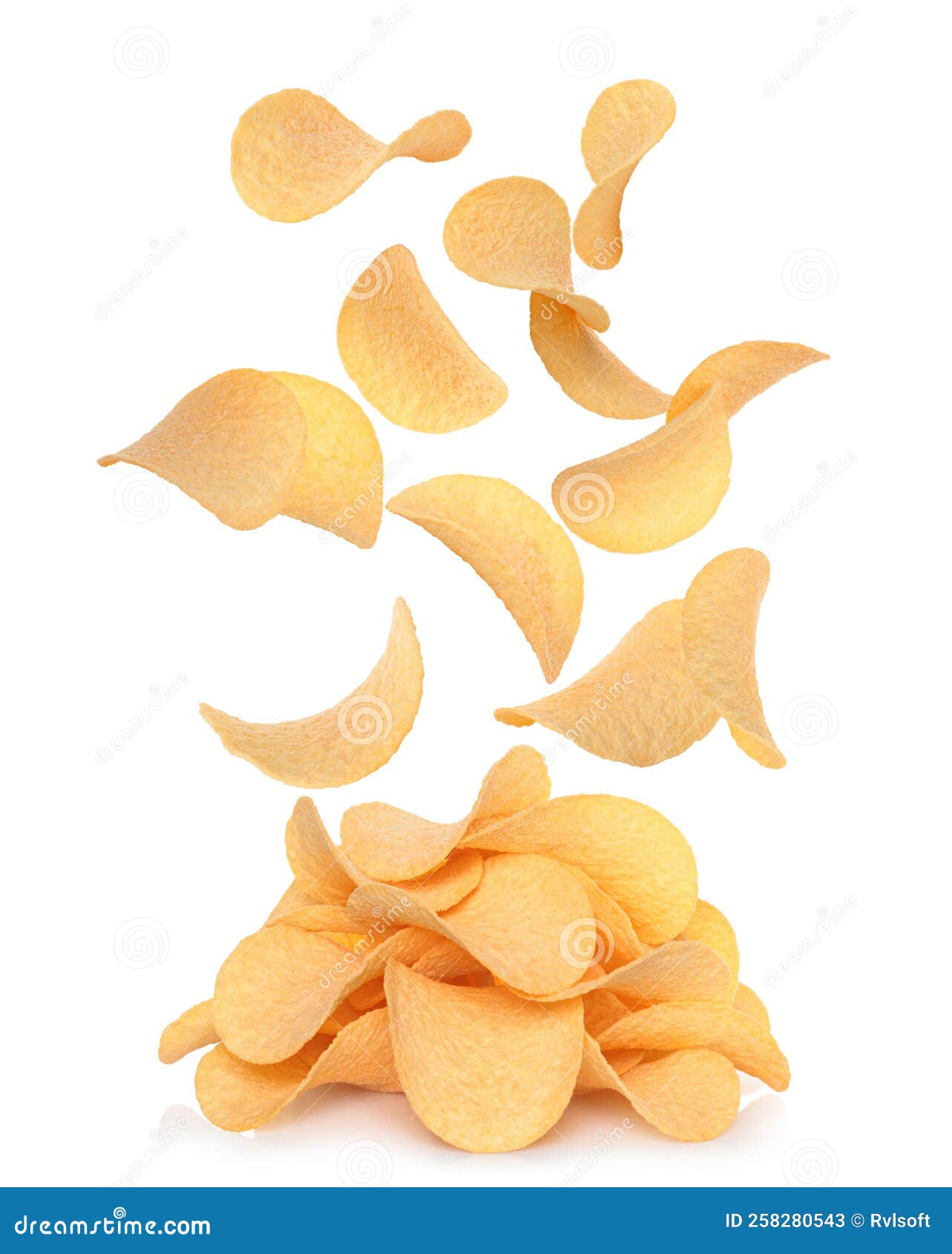 Potato Chips Falling To Potato Chips Heap, on White Background