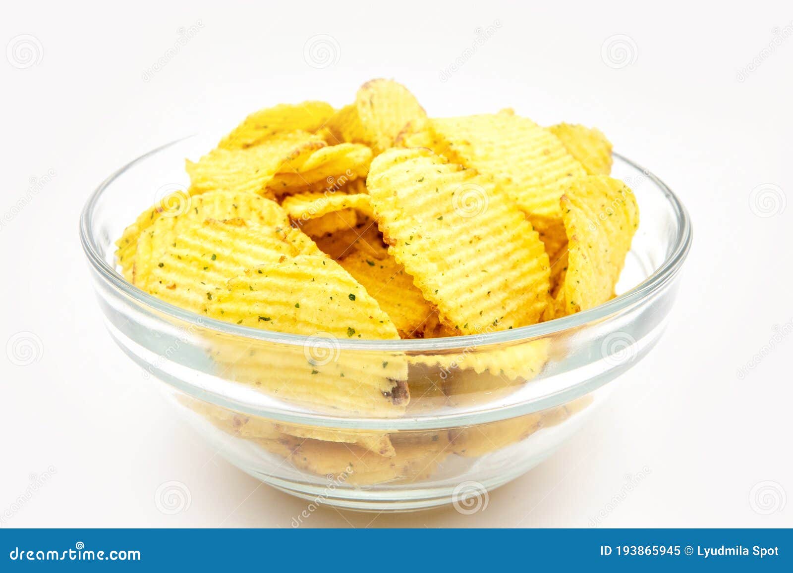 Potato Chips with Greens Bowl Isolated on White Stock Image Image of