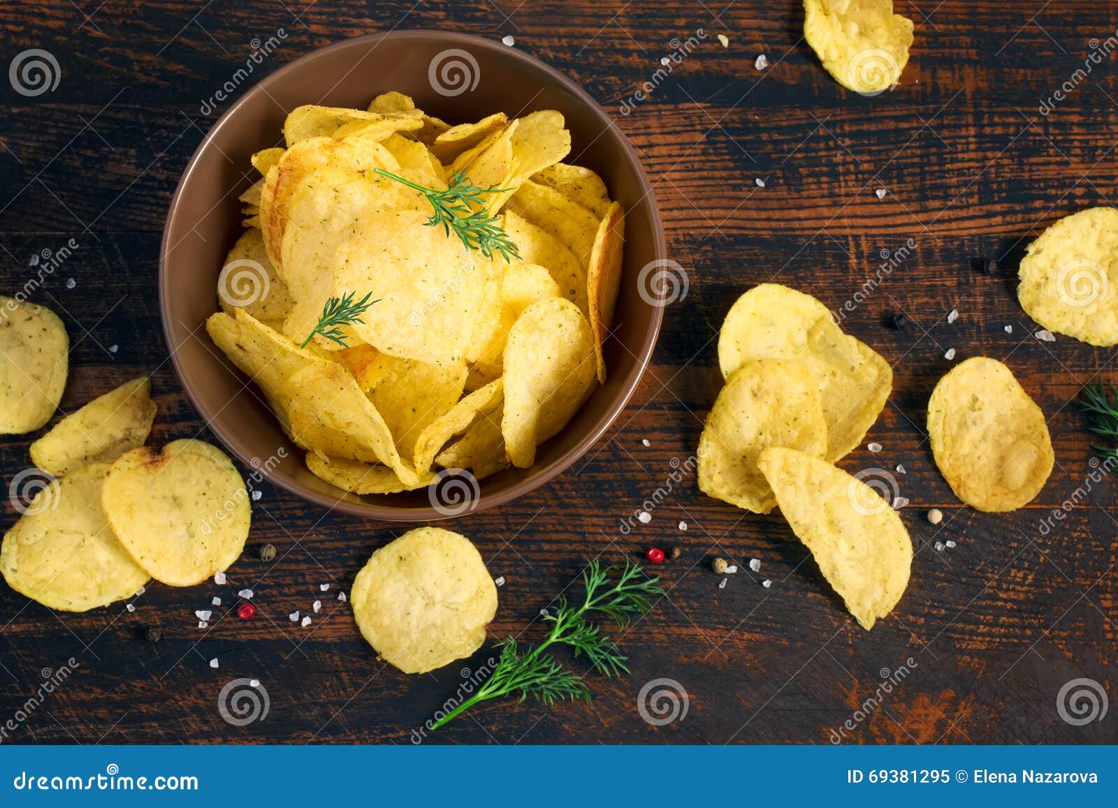 Potato Chips with Greens in a Bowl, Top View Stock Image Image of
