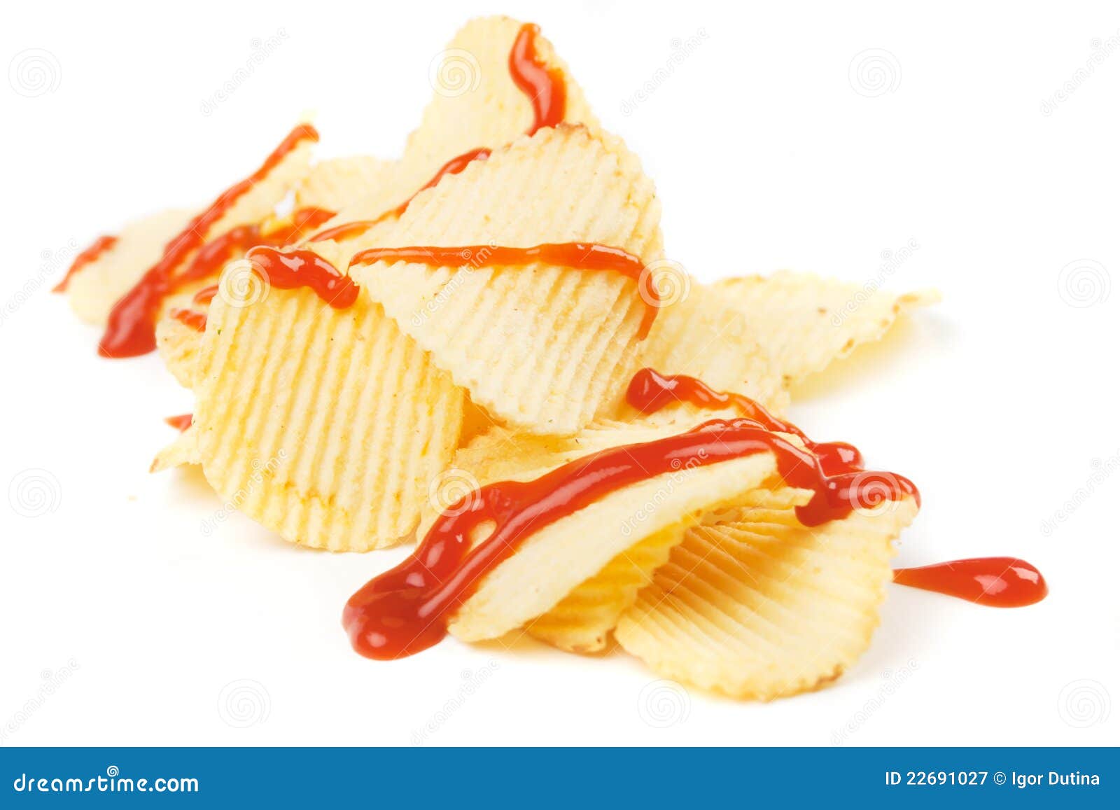 Potato Chips with Ketchup Isolated on White Stock Image Image of
