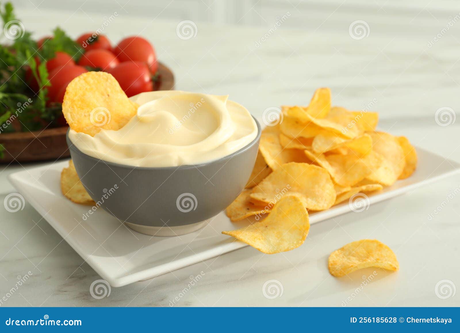 Potato Chips and Mayonnaise on White Marble Table Stock Photo Image