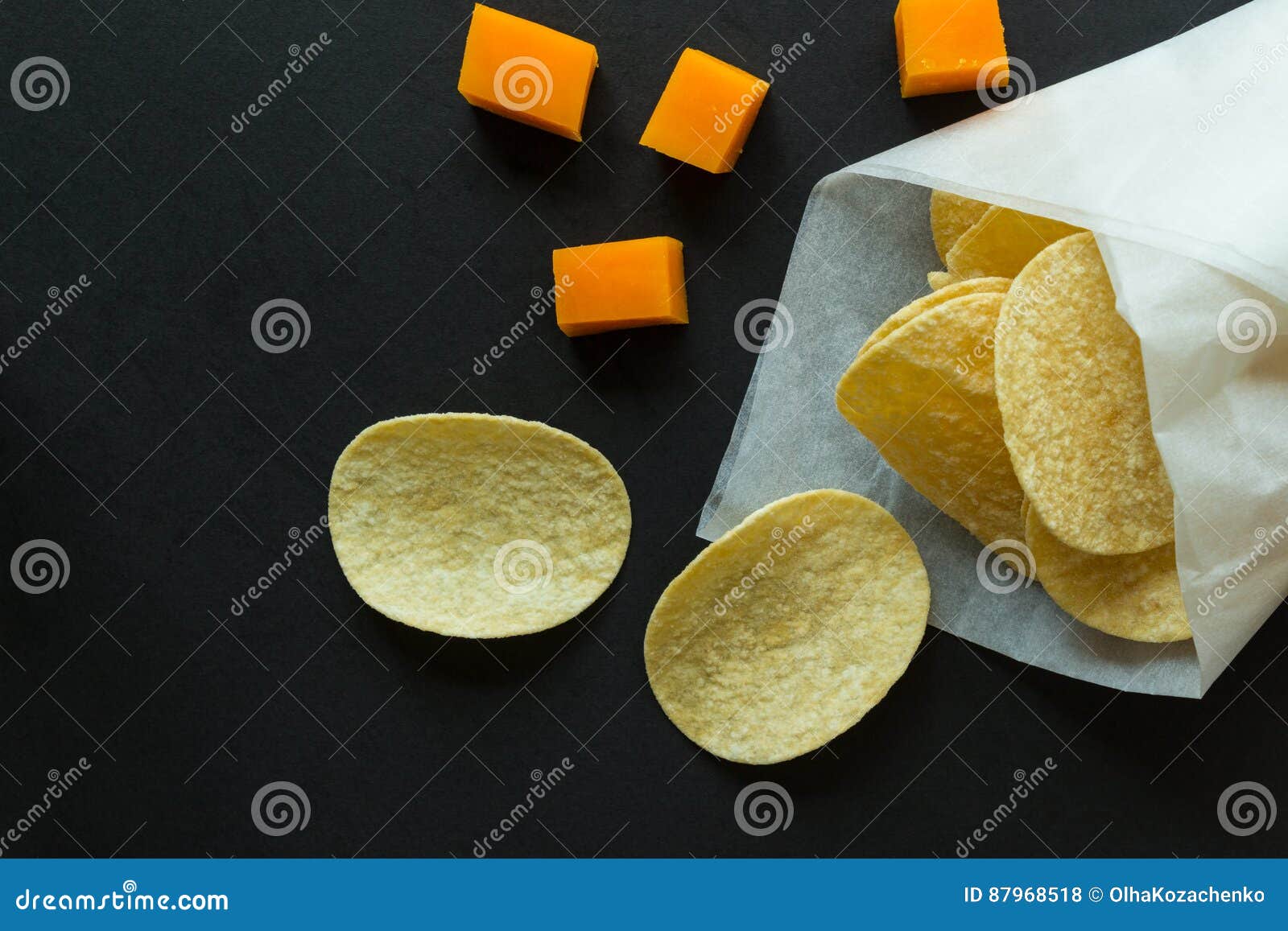 Potato Chips in a Paper Bag and Cheese Cubes Stock Photo Image of
