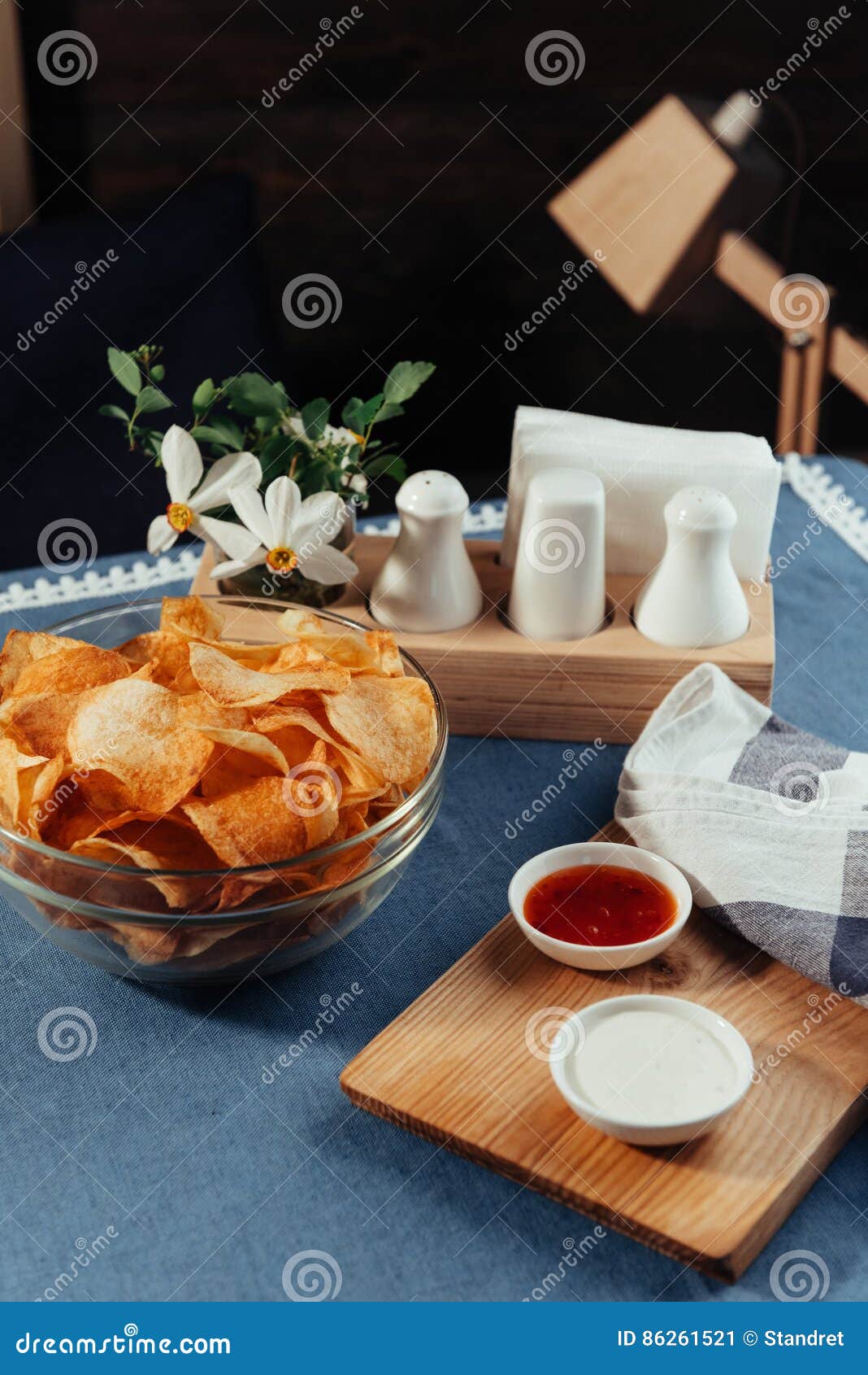 Potato Chips with Sauce on the Table. Homemade Sauces Stock Image