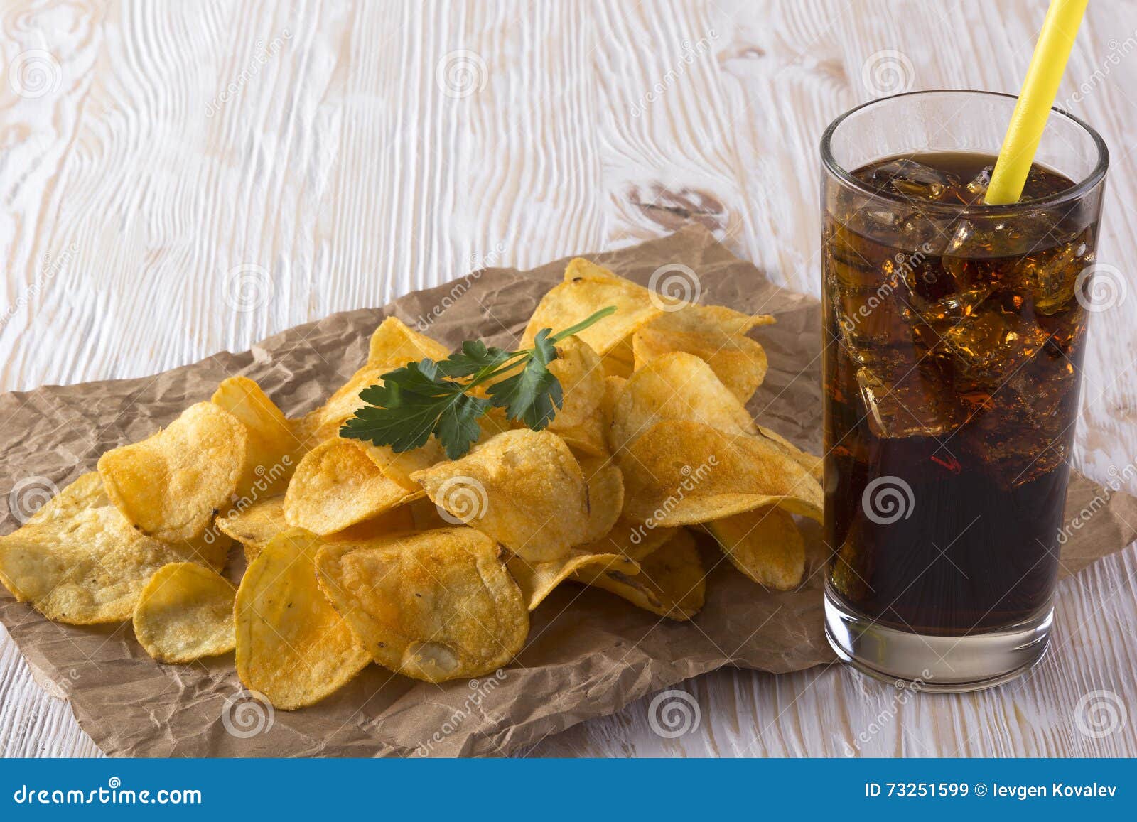 Potato chips with soda stock image. Image of good, chip 73251599